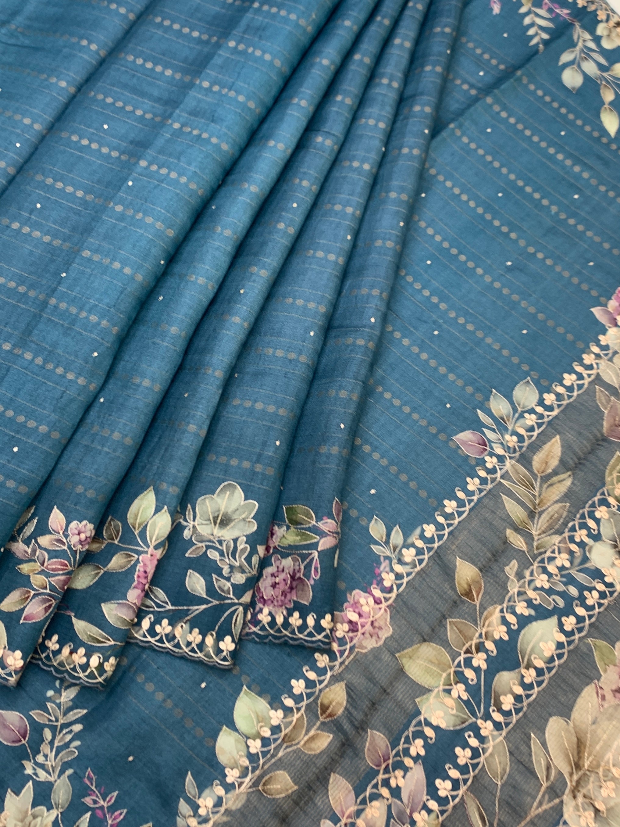 Dusty Teal Blue Tussore Silk Saree with Pastel Florals & Scalloped Cutwork