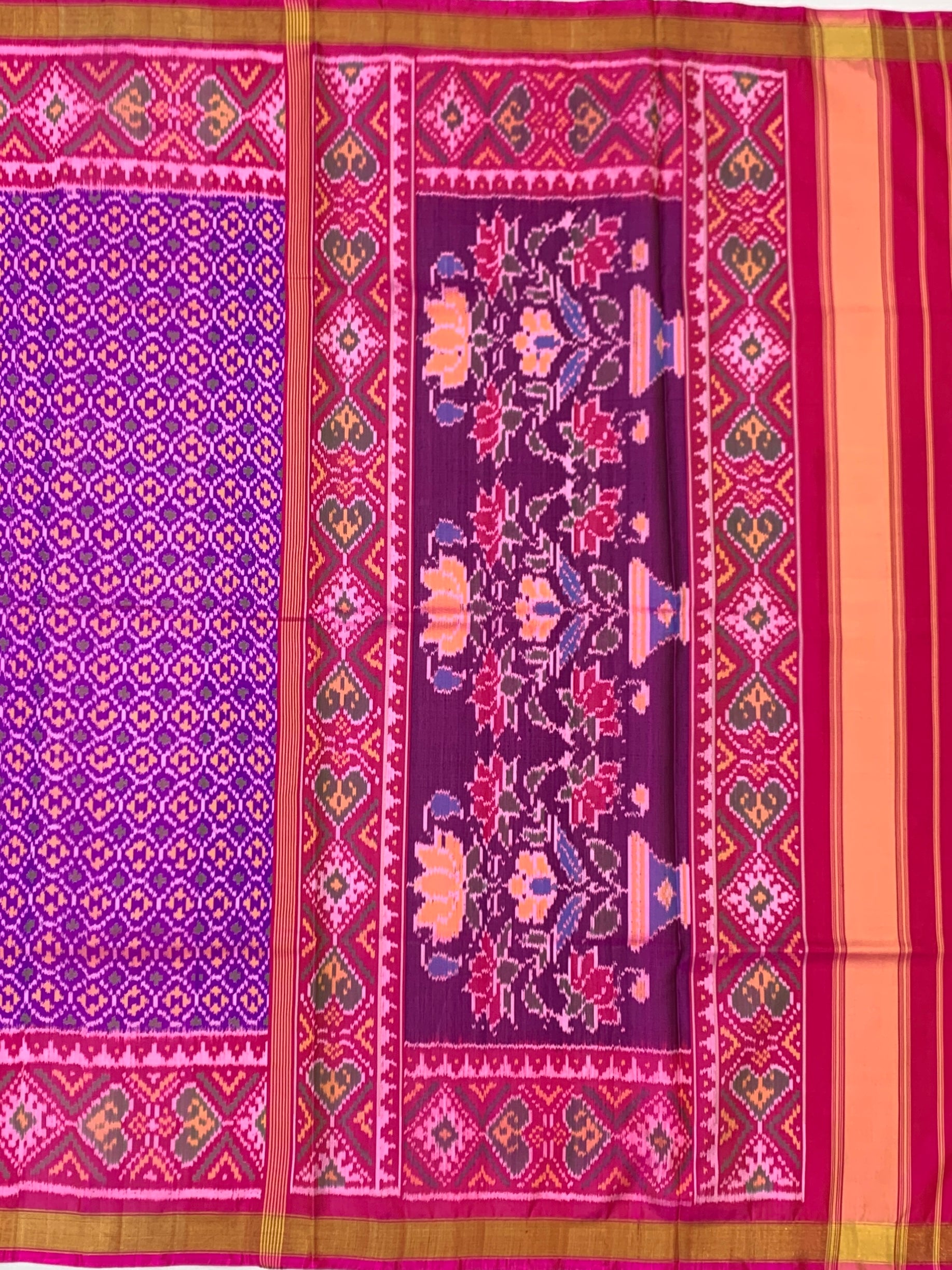Deep Purple & Fuchsia Pink: Floral Urn Lattice Rajkot Patola Silk Saree