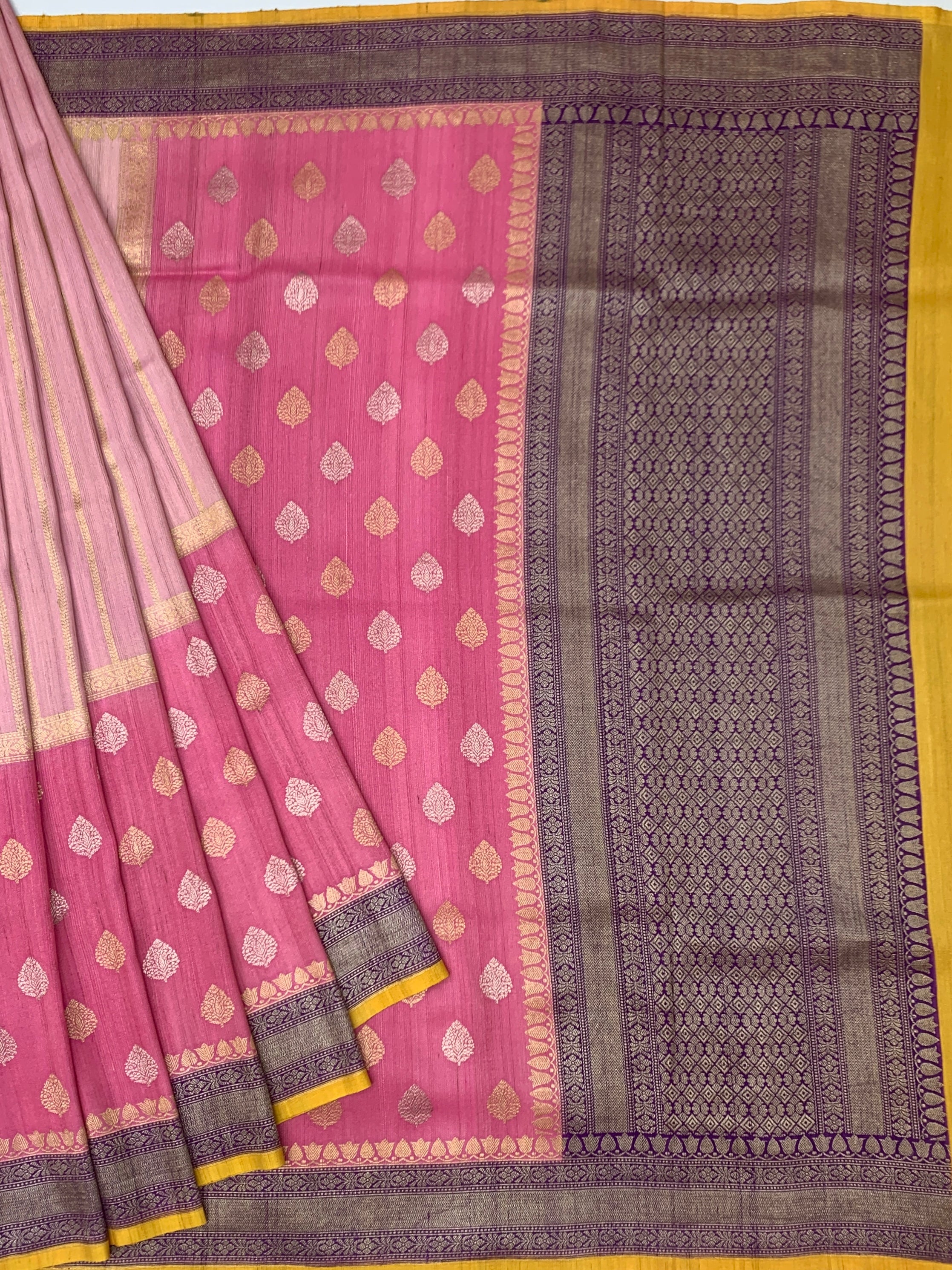 Elegant Pink Tussore Georgette Saree with Deep Purple Zari Pallu & Mustard Yellow Blouse
