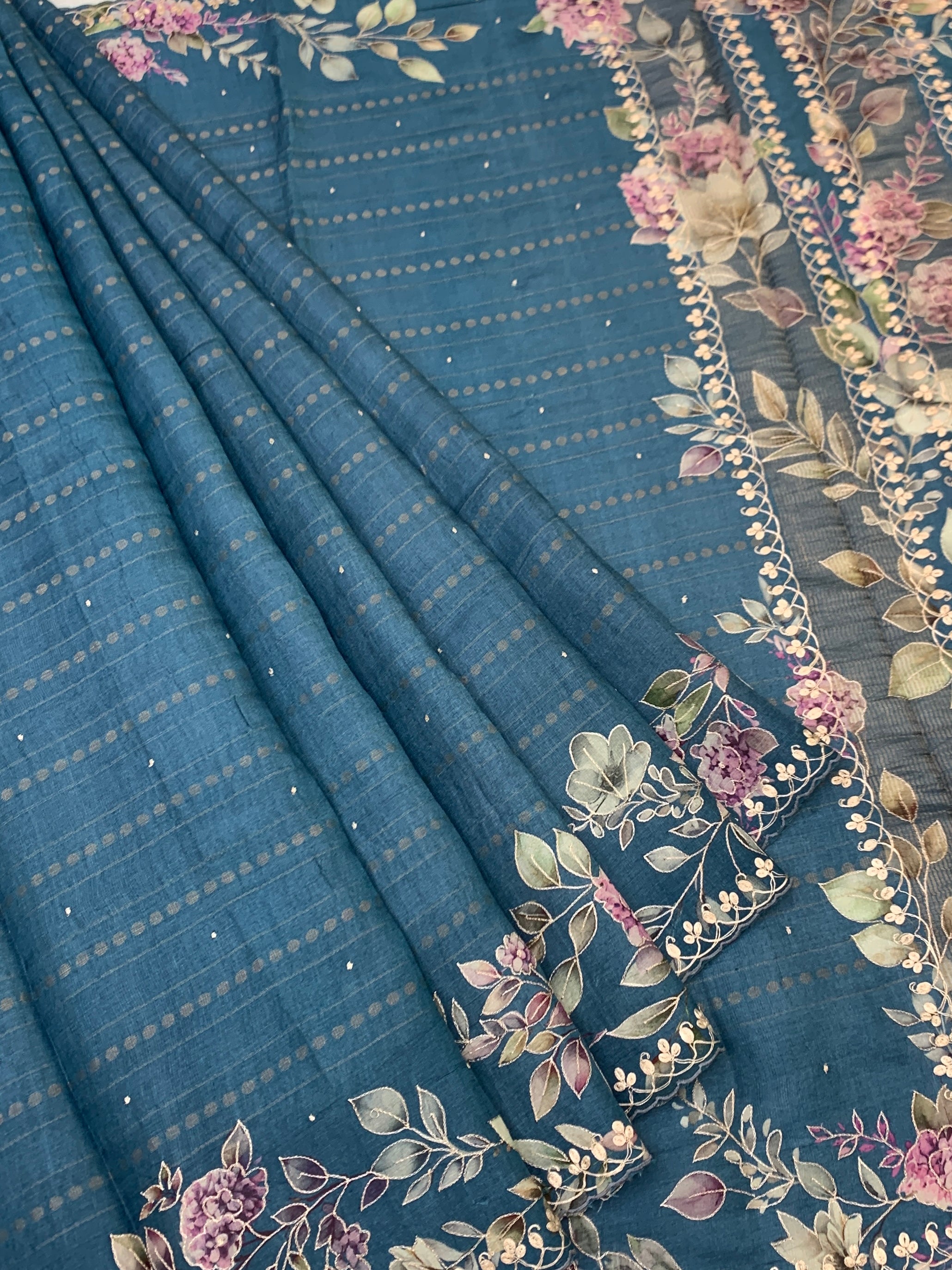 Dusty Teal Blue Tussore Silk Saree with Pastel Florals & Scalloped Cutwork
