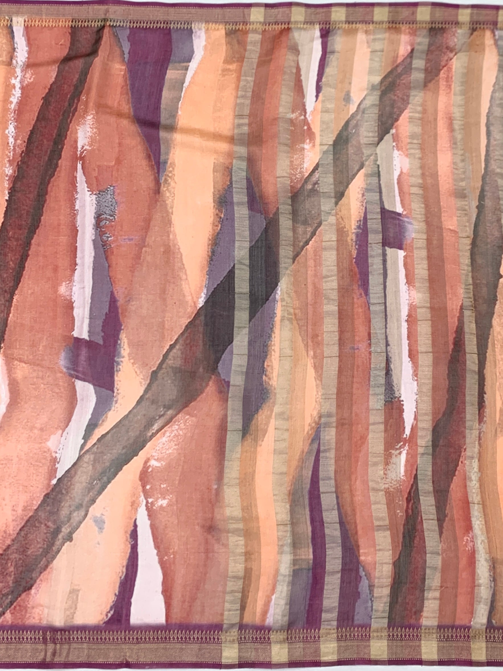 Abstract Watercolor & Orchid Plum Printed Tussore Saree