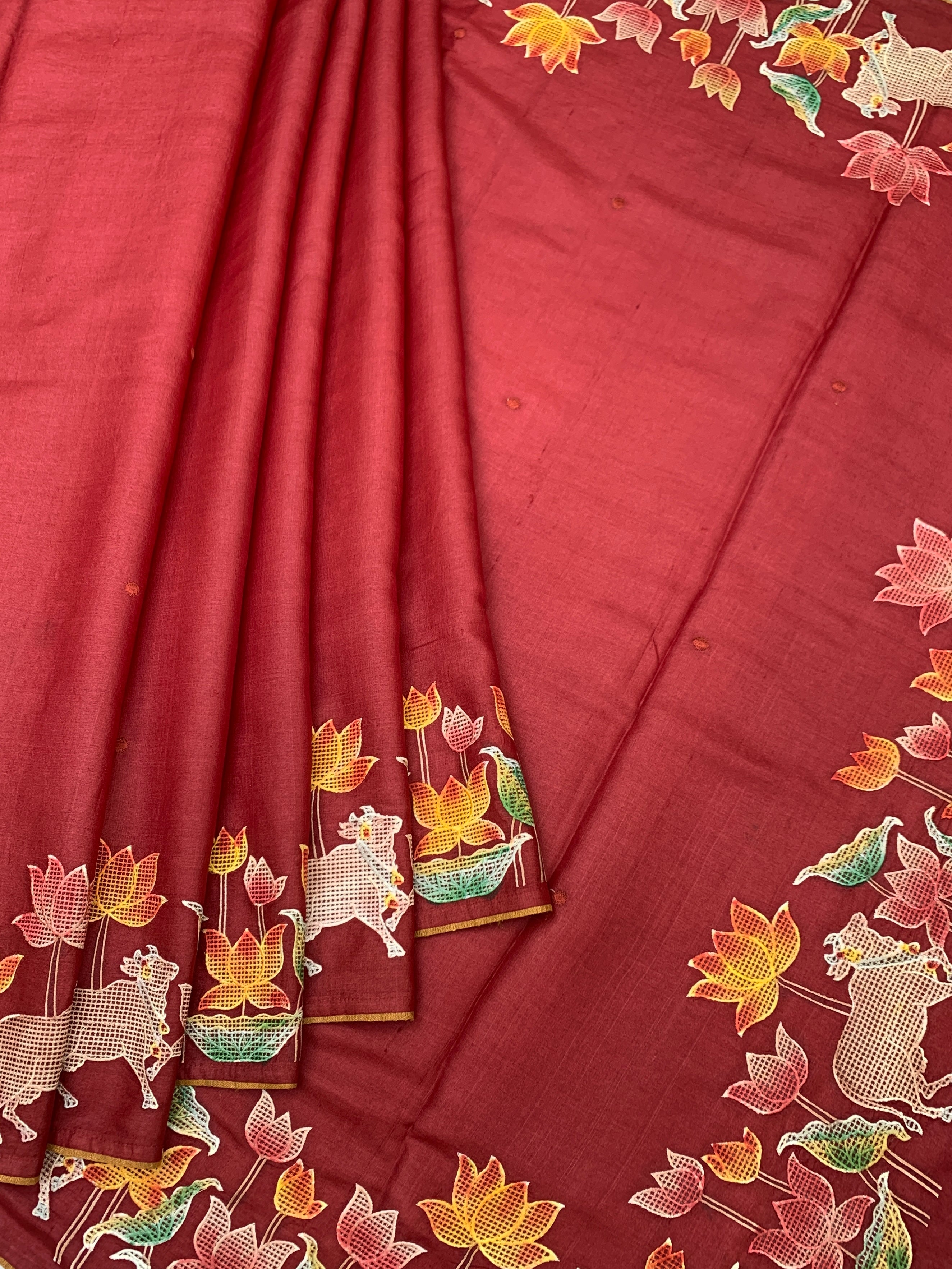 Crimson Heritage: Pichwai-Inspired Hand-Embroidered Tussar Silk Saree