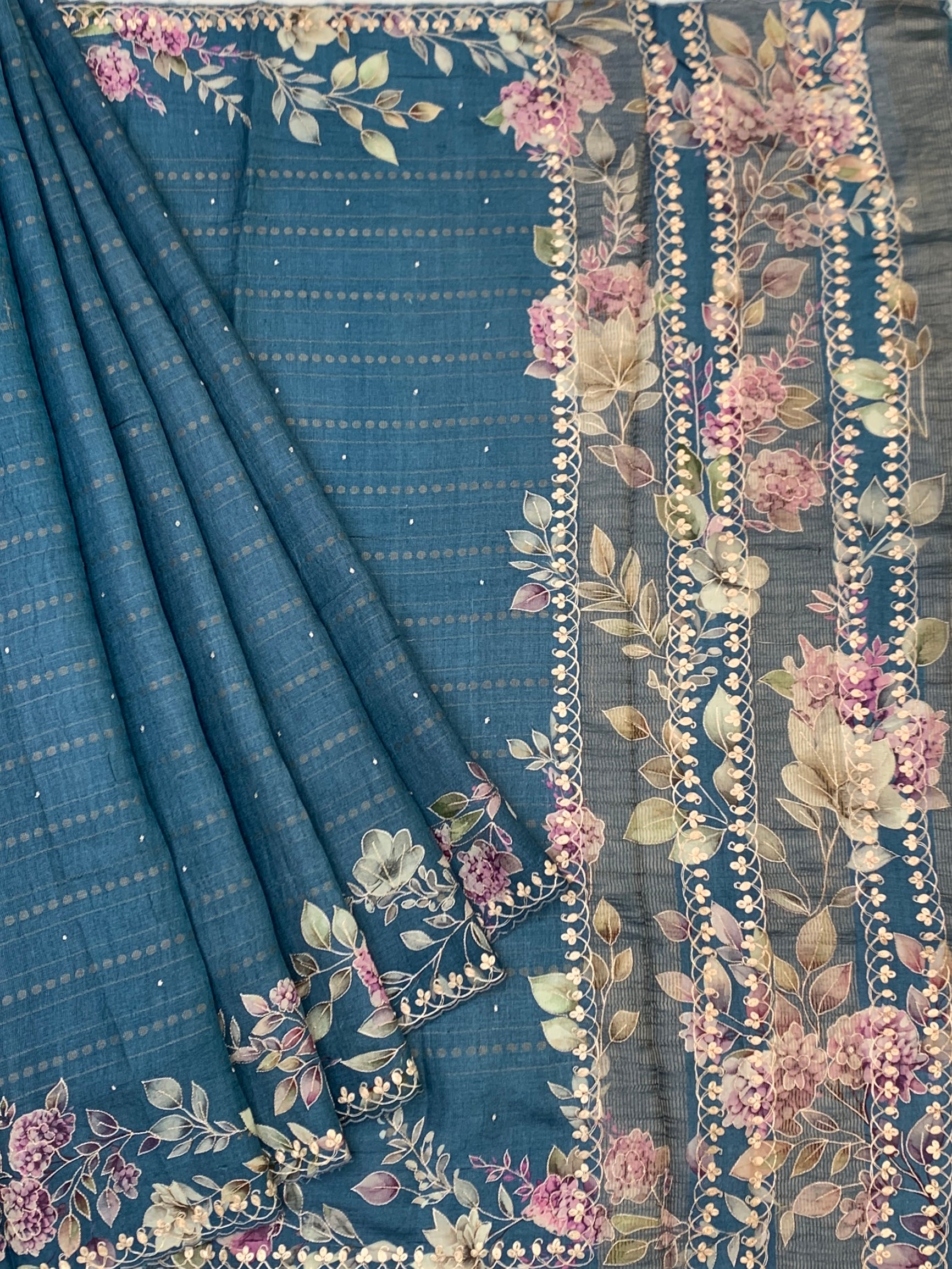 Dusty Teal Blue Tussore Silk Saree with Pastel Florals & Scalloped Cutwork