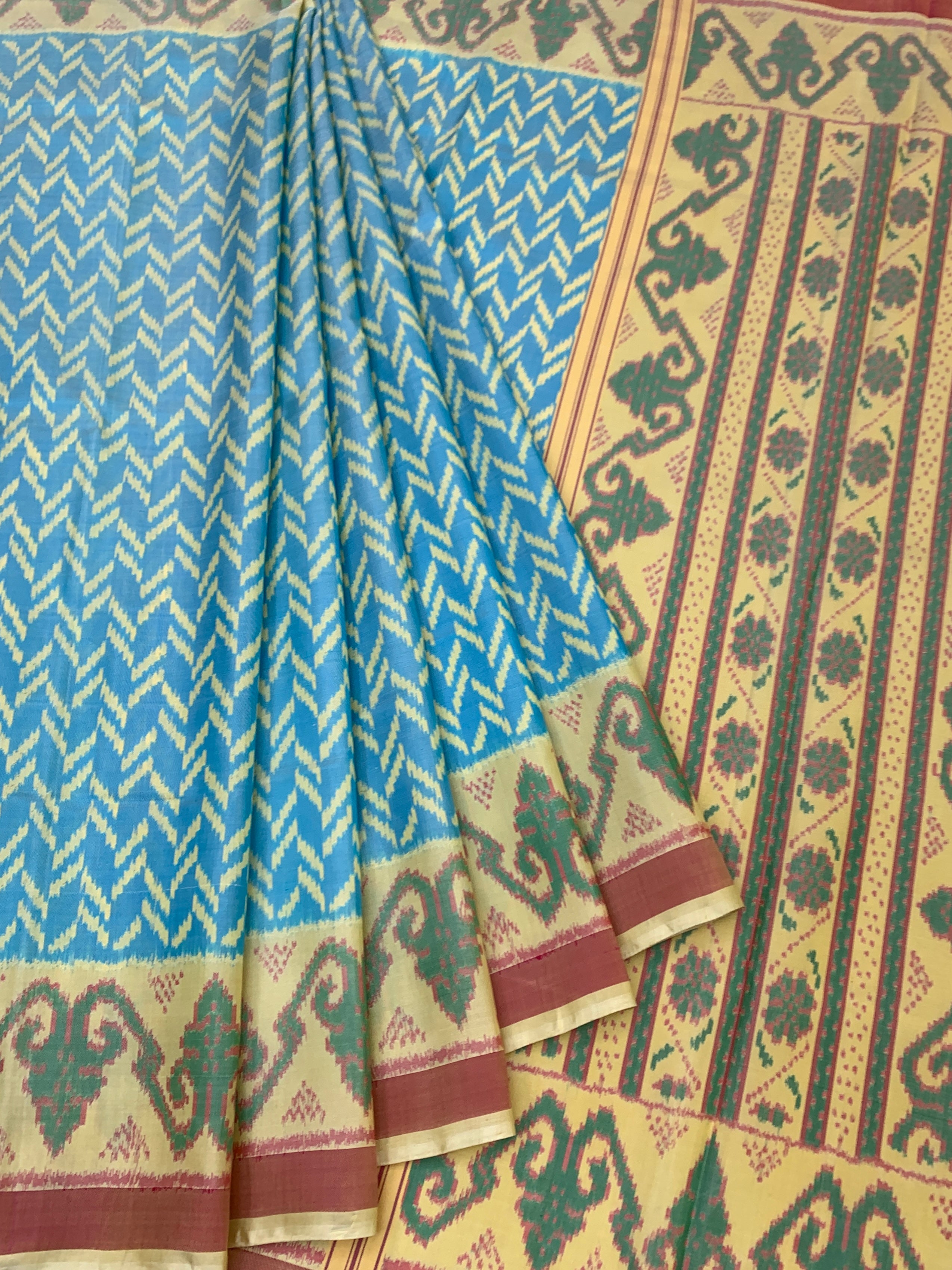 Cerulean Chevron: Heritage Rajkot Patola Silk Saree