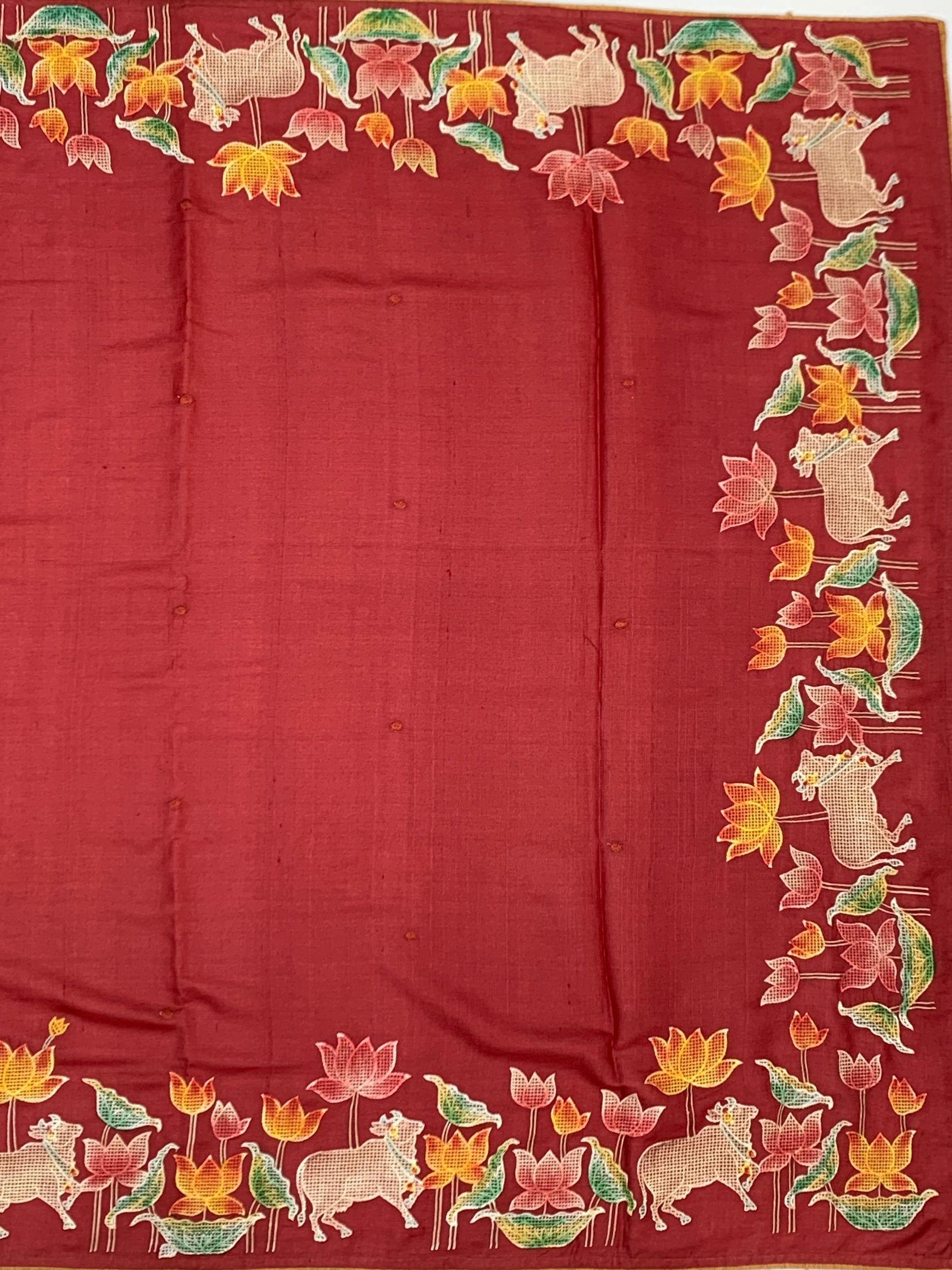 Crimson Heritage: Pichwai-Inspired Hand-Embroidered Tussar Silk Saree