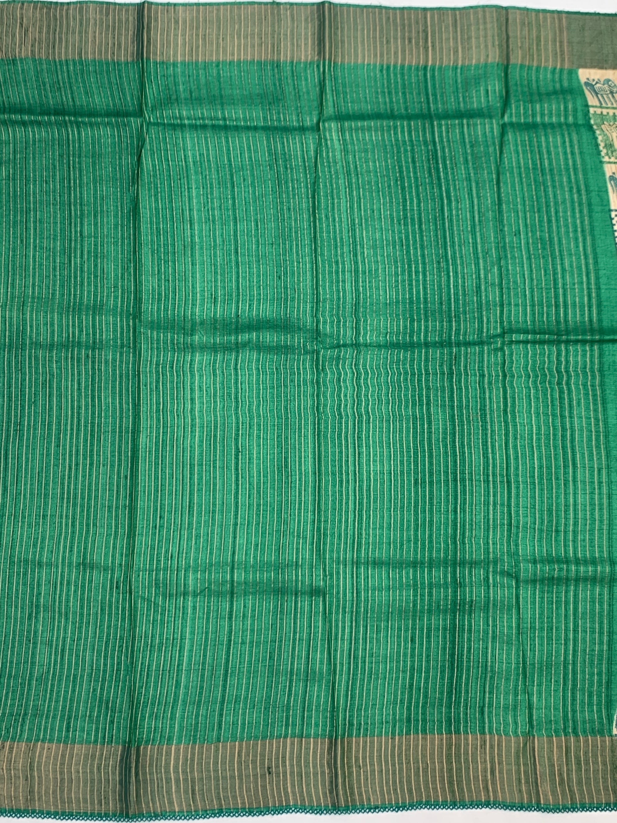 Emerald Heritage: Folk-Art Inspired Printed Tussore Saree