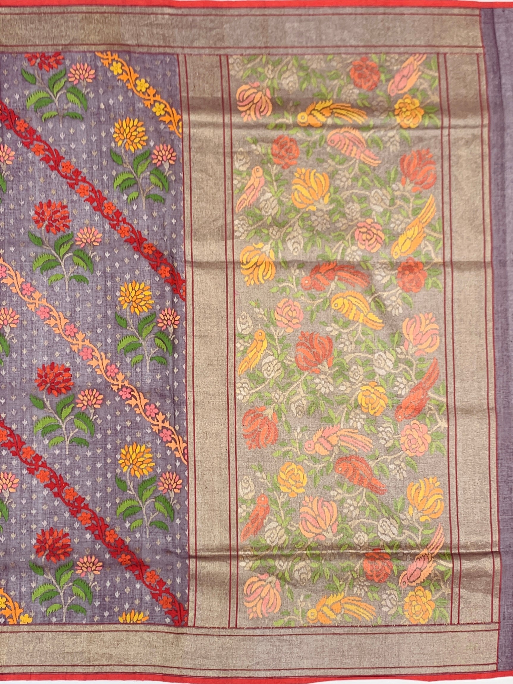 Majestic Deep Aubergine Cotton Jamdani Saree with Diagonal Floral Vines and Avian Pallu