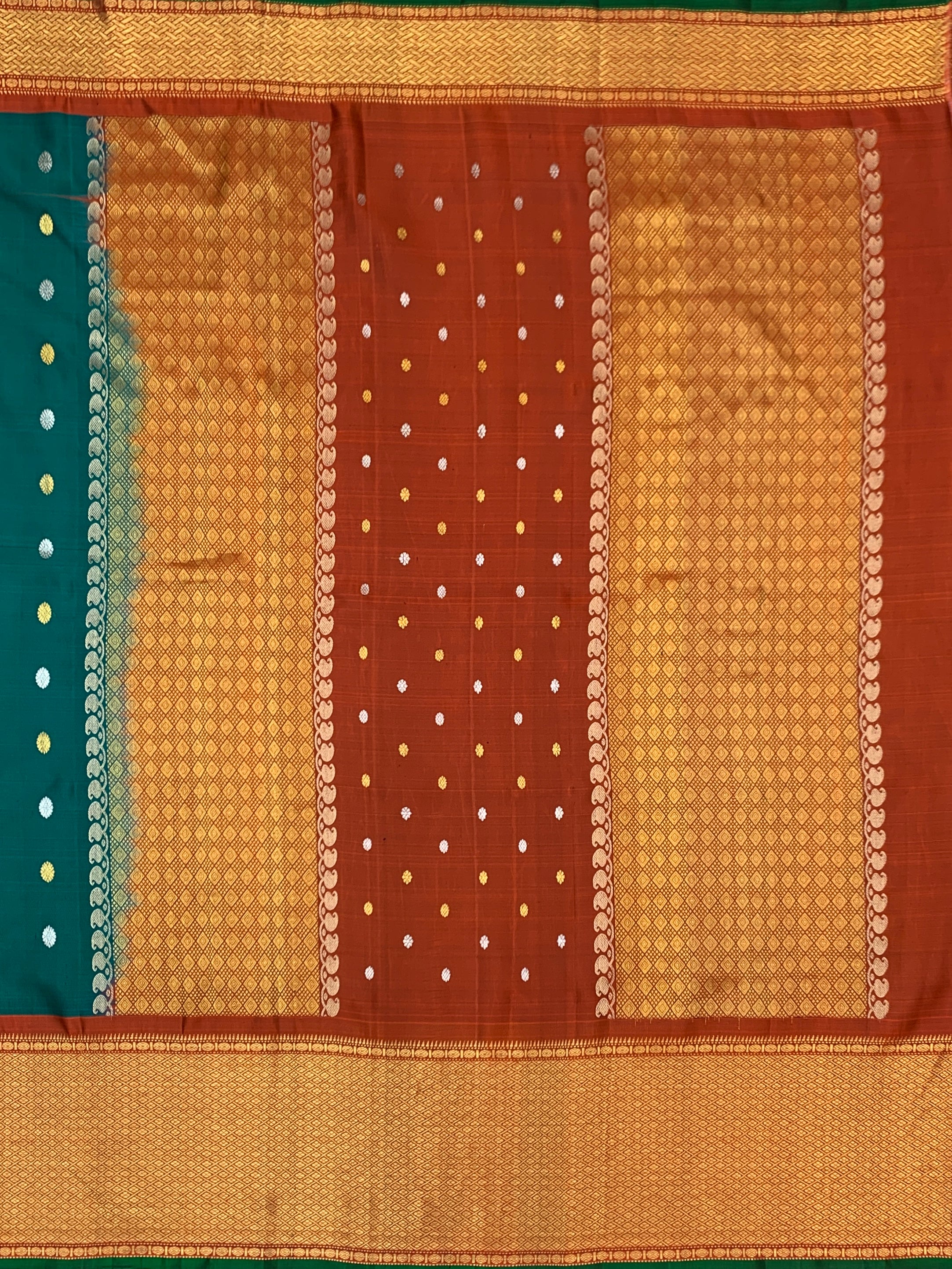 Exquisite Emerald Green & Rust Orange Gadwal Twill Pattu Saree