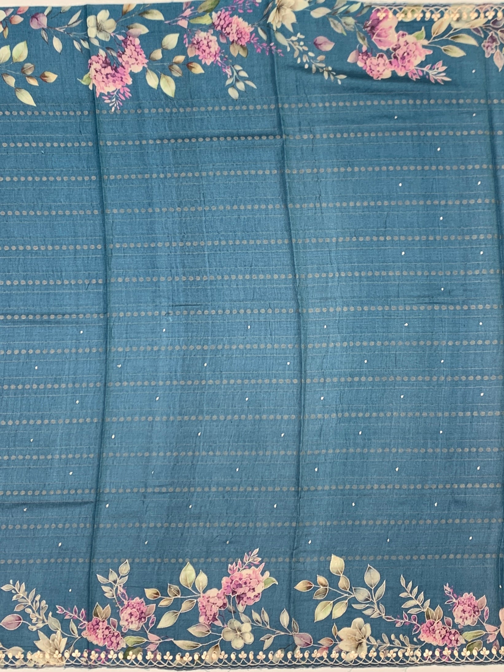 Dusty Teal Blue Tussore Silk Saree with Pastel Florals & Scalloped Cutwork