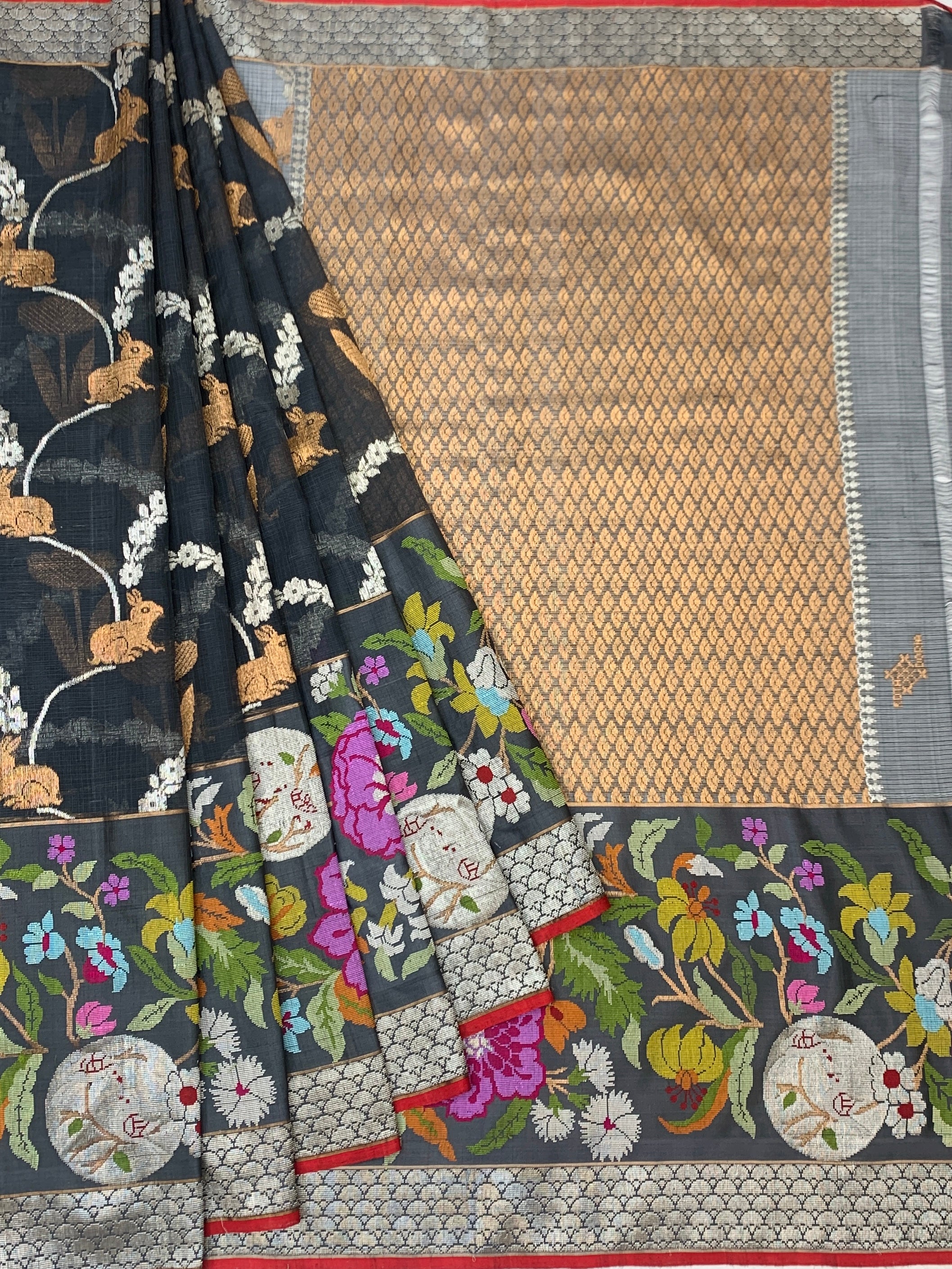Charcoal Grey Zari Kota Saree with Contrast Rust Blouse