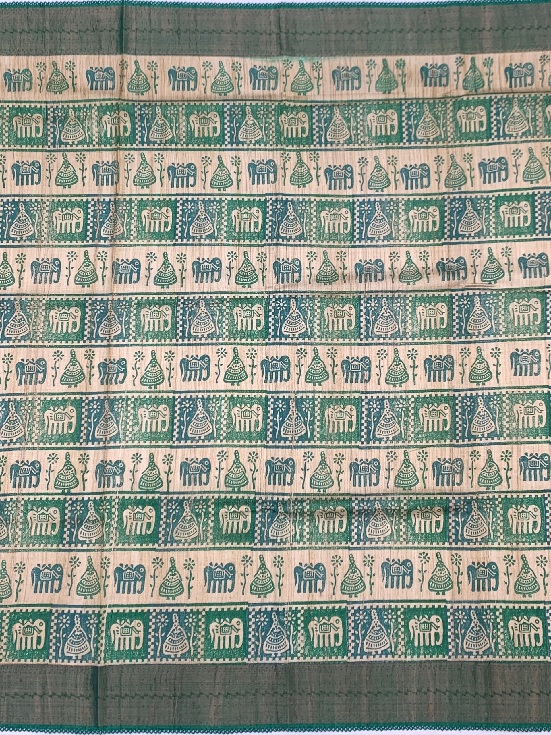 Emerald Heritage: Folk-Art Inspired Printed Tussore Saree