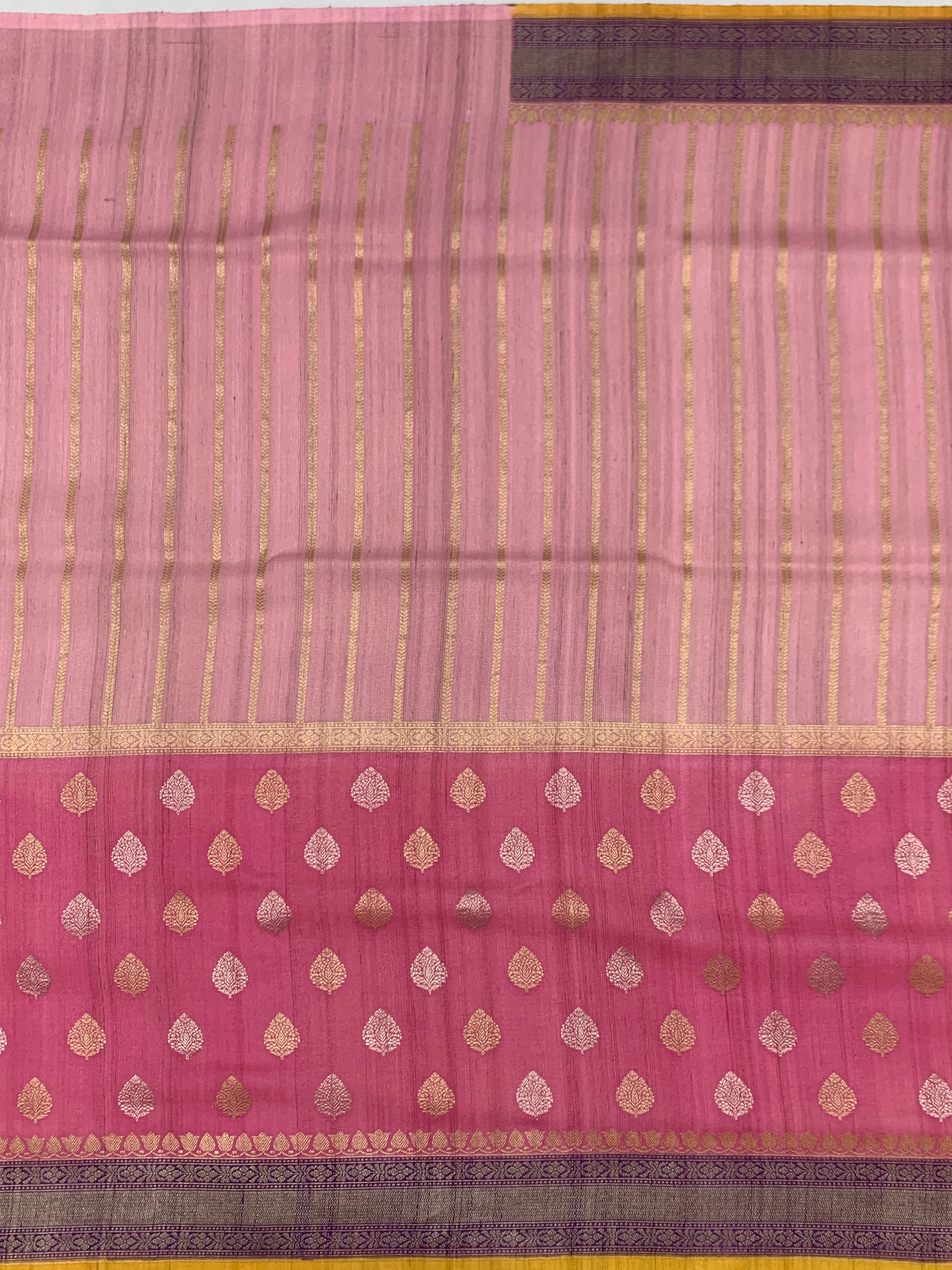 Elegant Pink Tussore Georgette Saree with Deep Purple Zari Pallu & Mustard Yellow Blouse