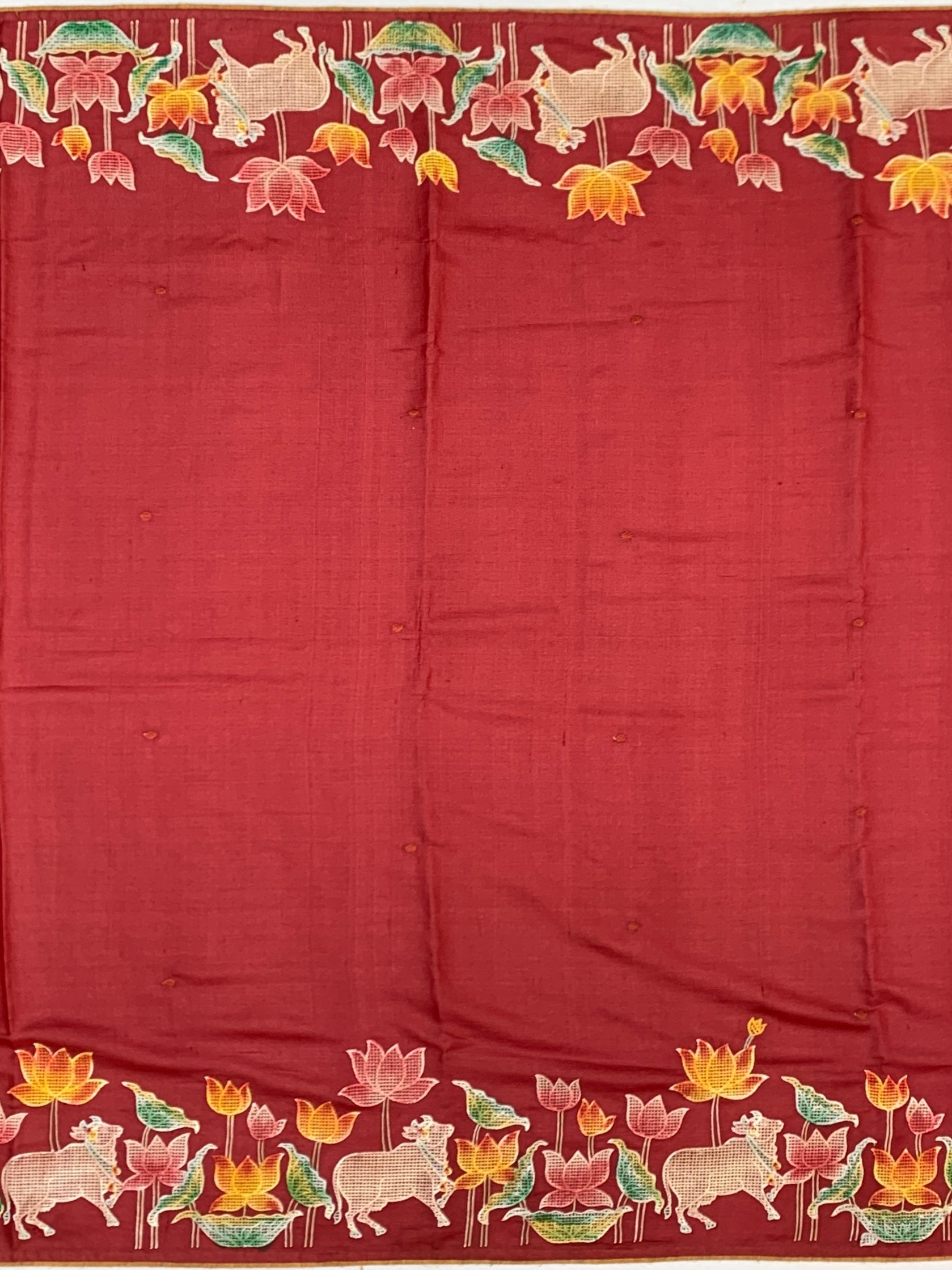 Crimson Heritage: Pichwai-Inspired Hand-Embroidered Tussar Silk Saree