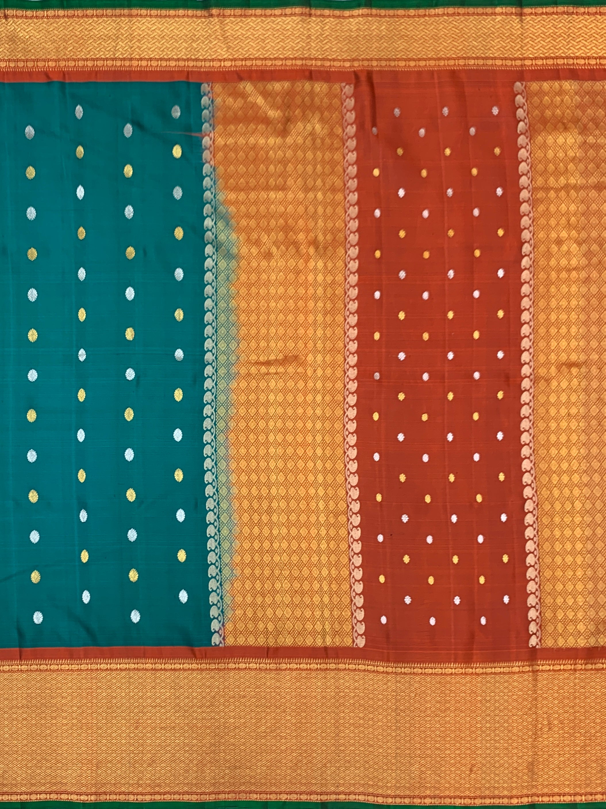 Exquisite Emerald Green & Rust Orange Gadwal Twill Pattu Saree
