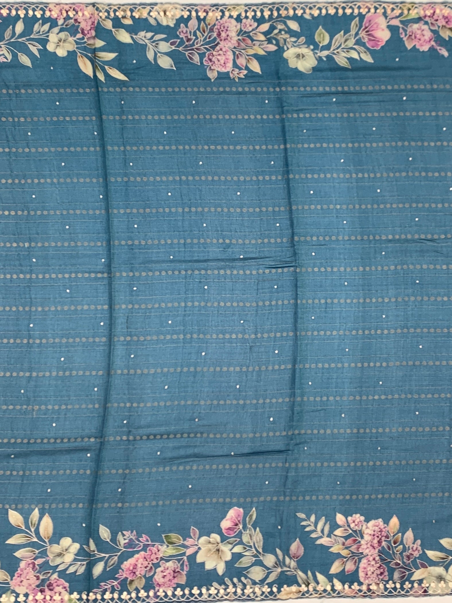 Dusty Teal Blue Tussore Silk Saree with Pastel Florals & Scalloped Cutwork