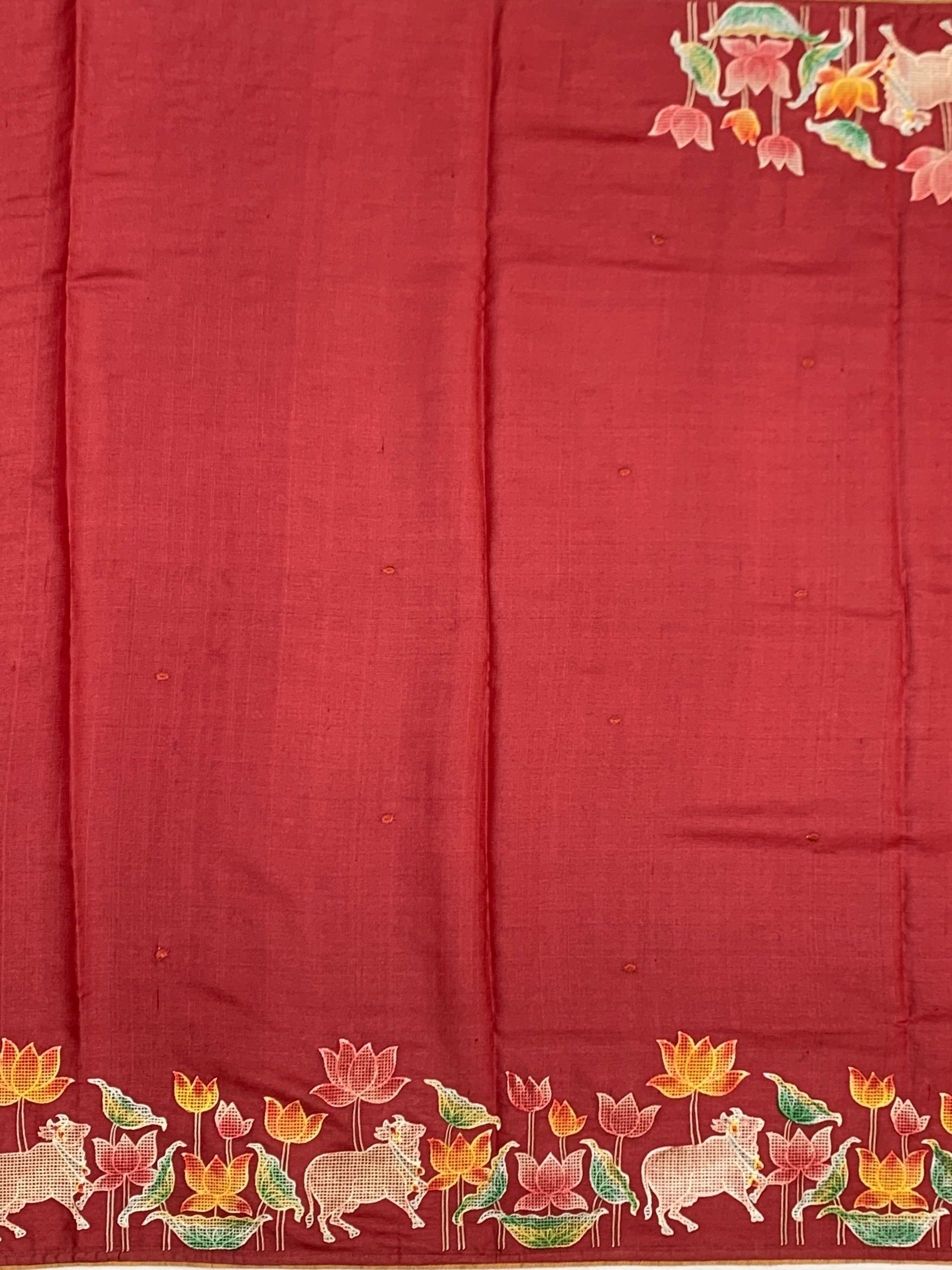 Crimson Heritage: Pichwai-Inspired Hand-Embroidered Tussar Silk Saree