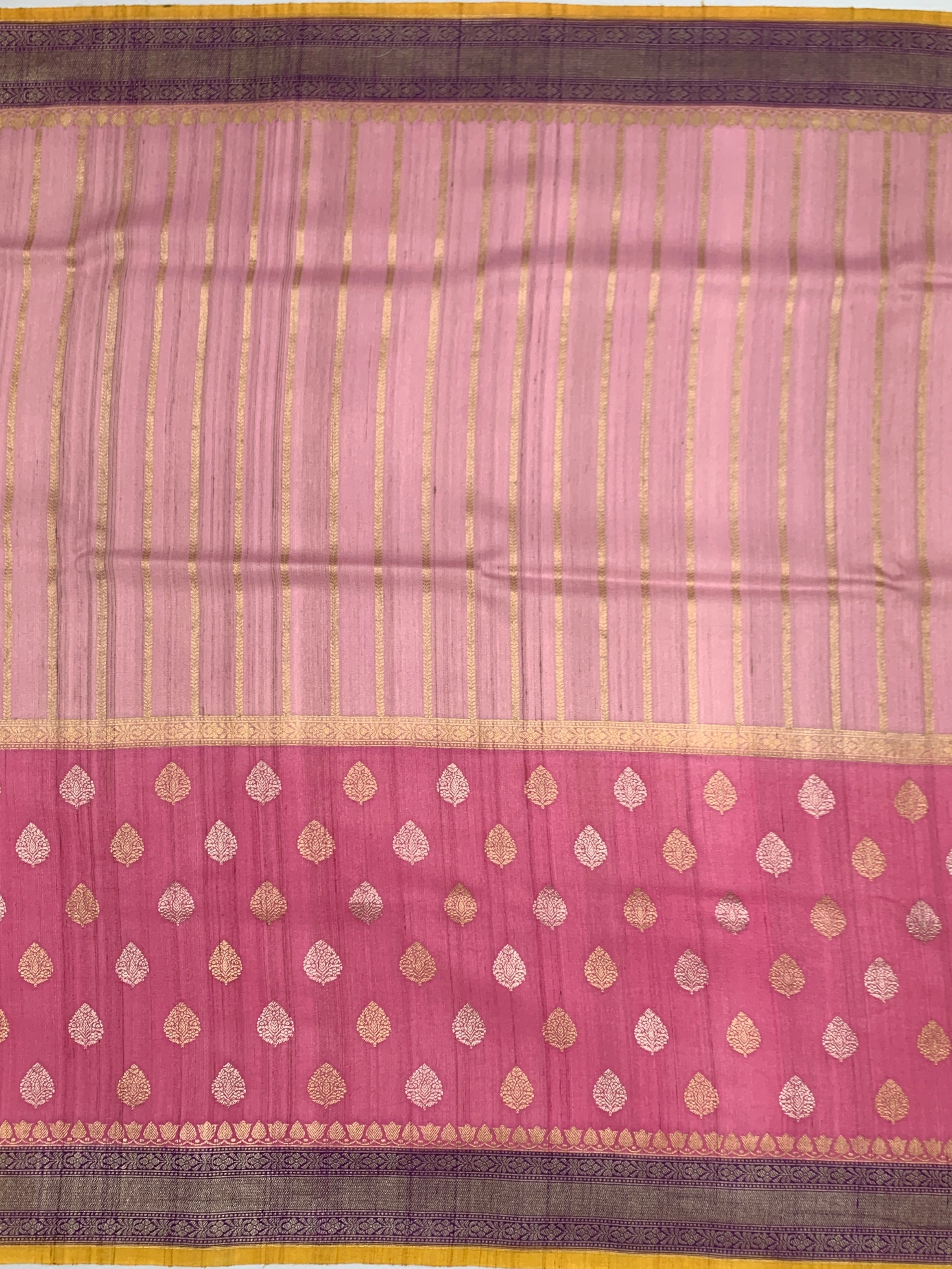 Elegant Pink Tussore Georgette Saree with Deep Purple Zari Pallu & Mustard Yellow Blouse