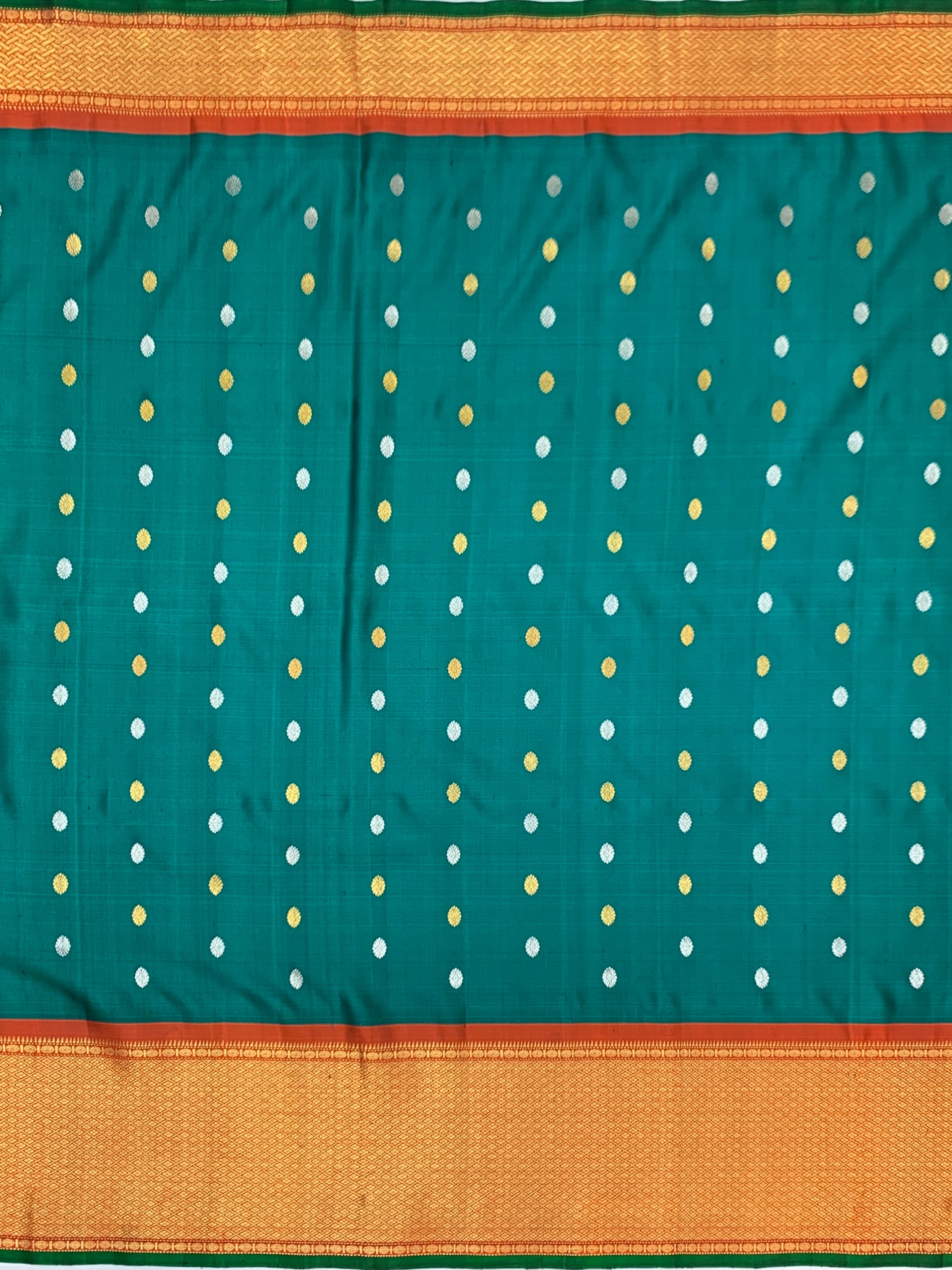 Exquisite Emerald Green & Rust Orange Gadwal Twill Pattu Saree