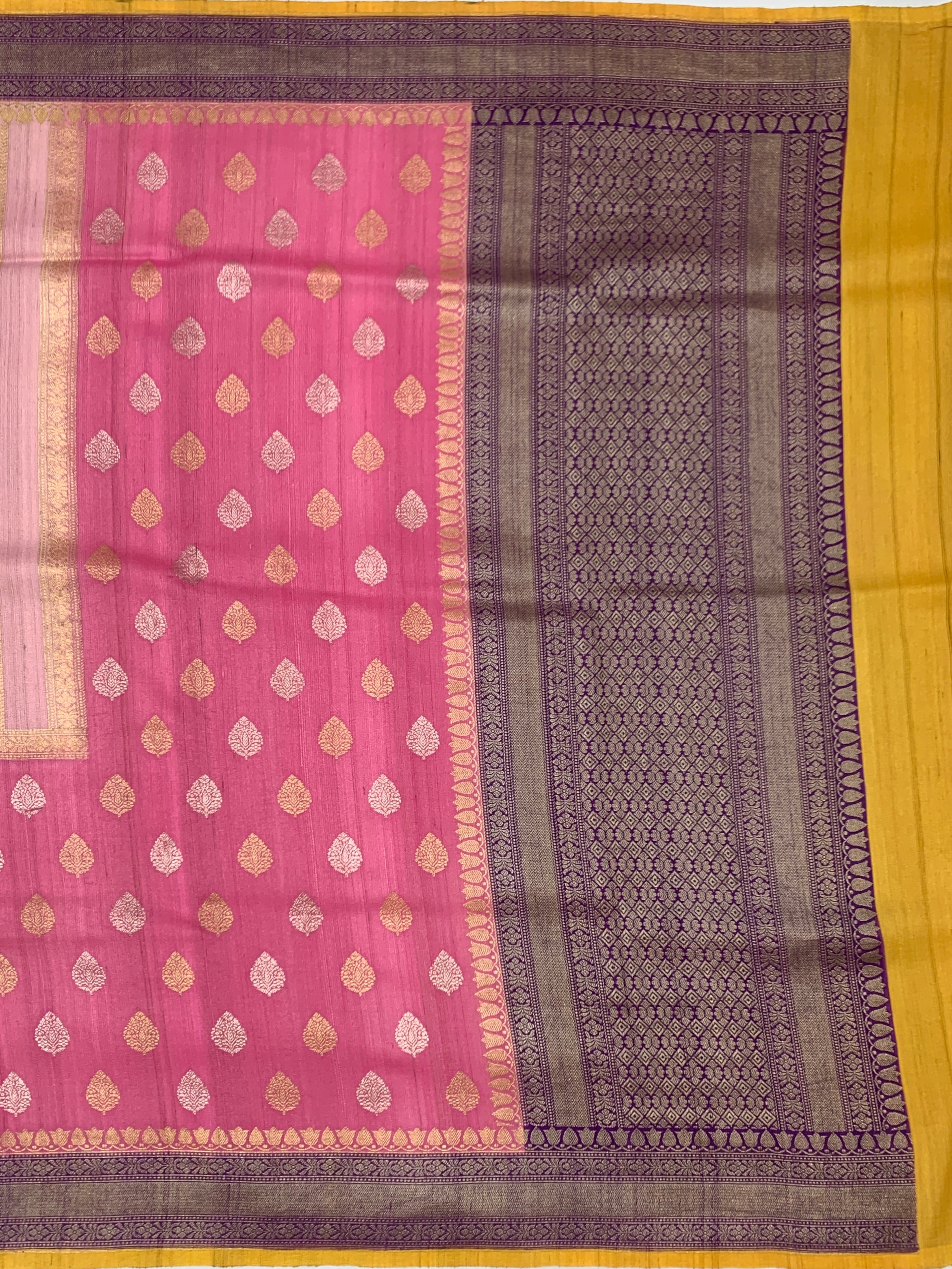 Elegant Pink Tussore Georgette Saree with Deep Purple Zari Pallu & Mustard Yellow Blouse