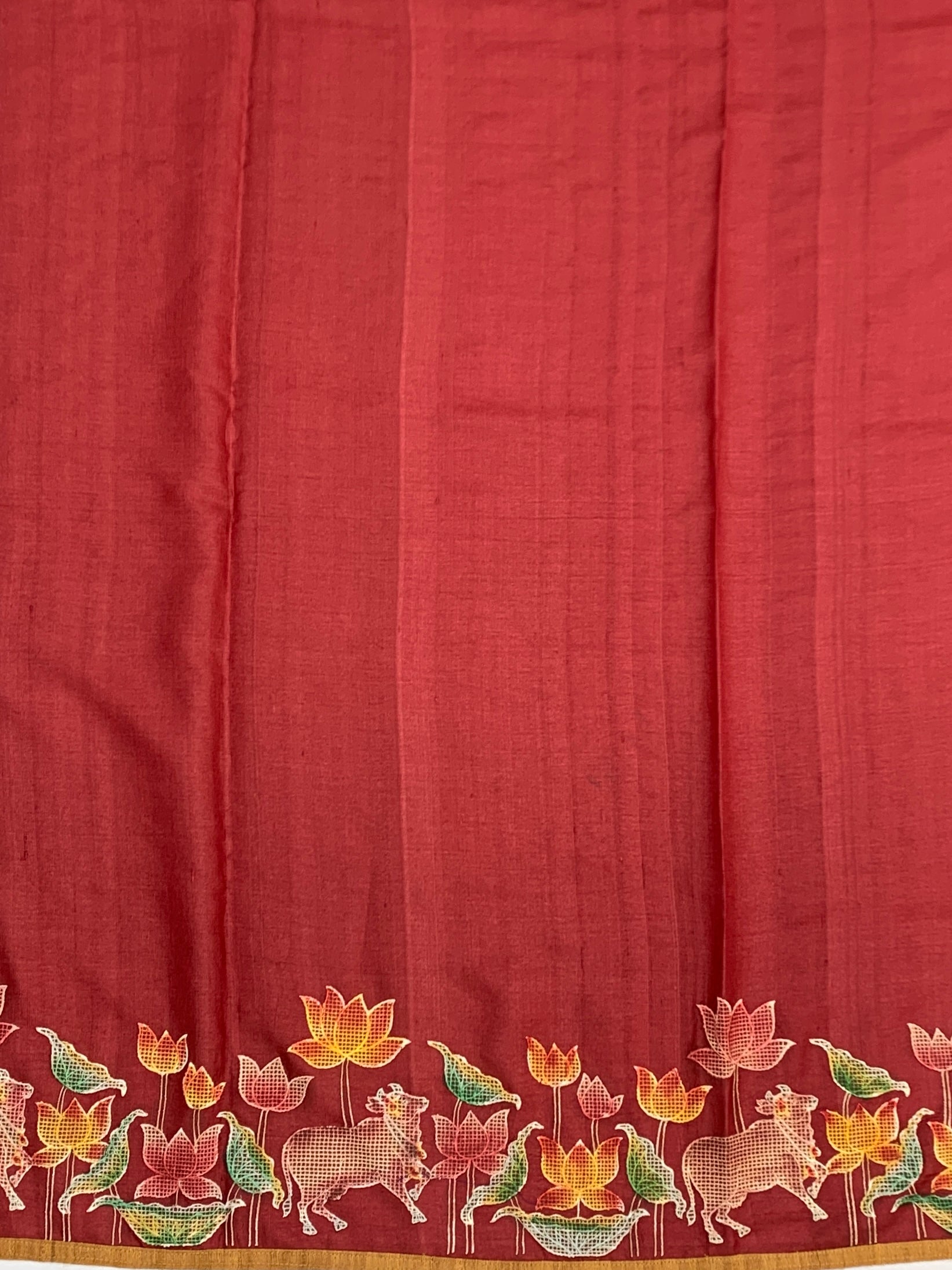 Crimson Heritage: Pichwai-Inspired Hand-Embroidered Tussar Silk Saree