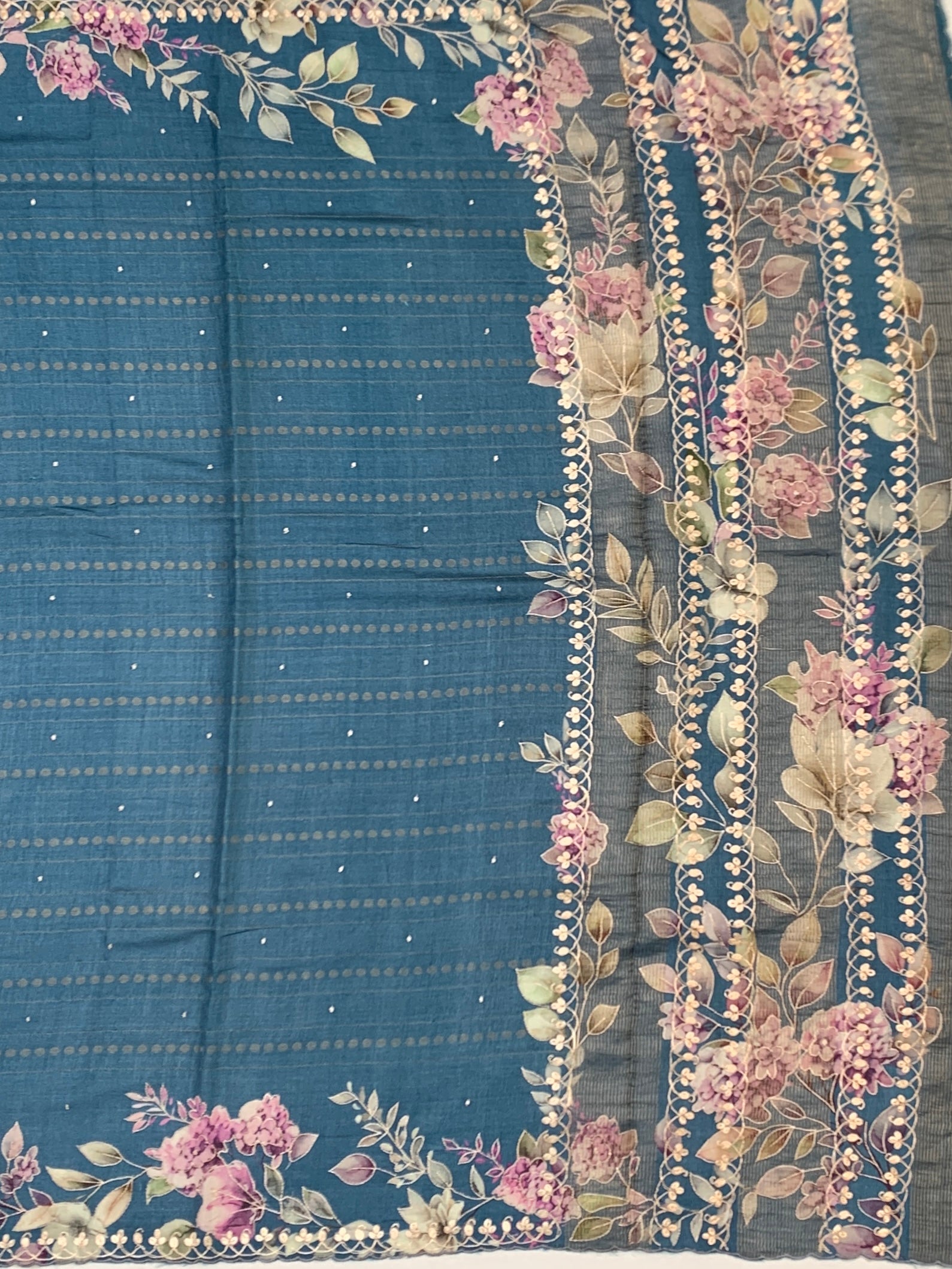 Dusty Teal Blue Tussore Silk Saree with Pastel Florals & Scalloped Cutwork