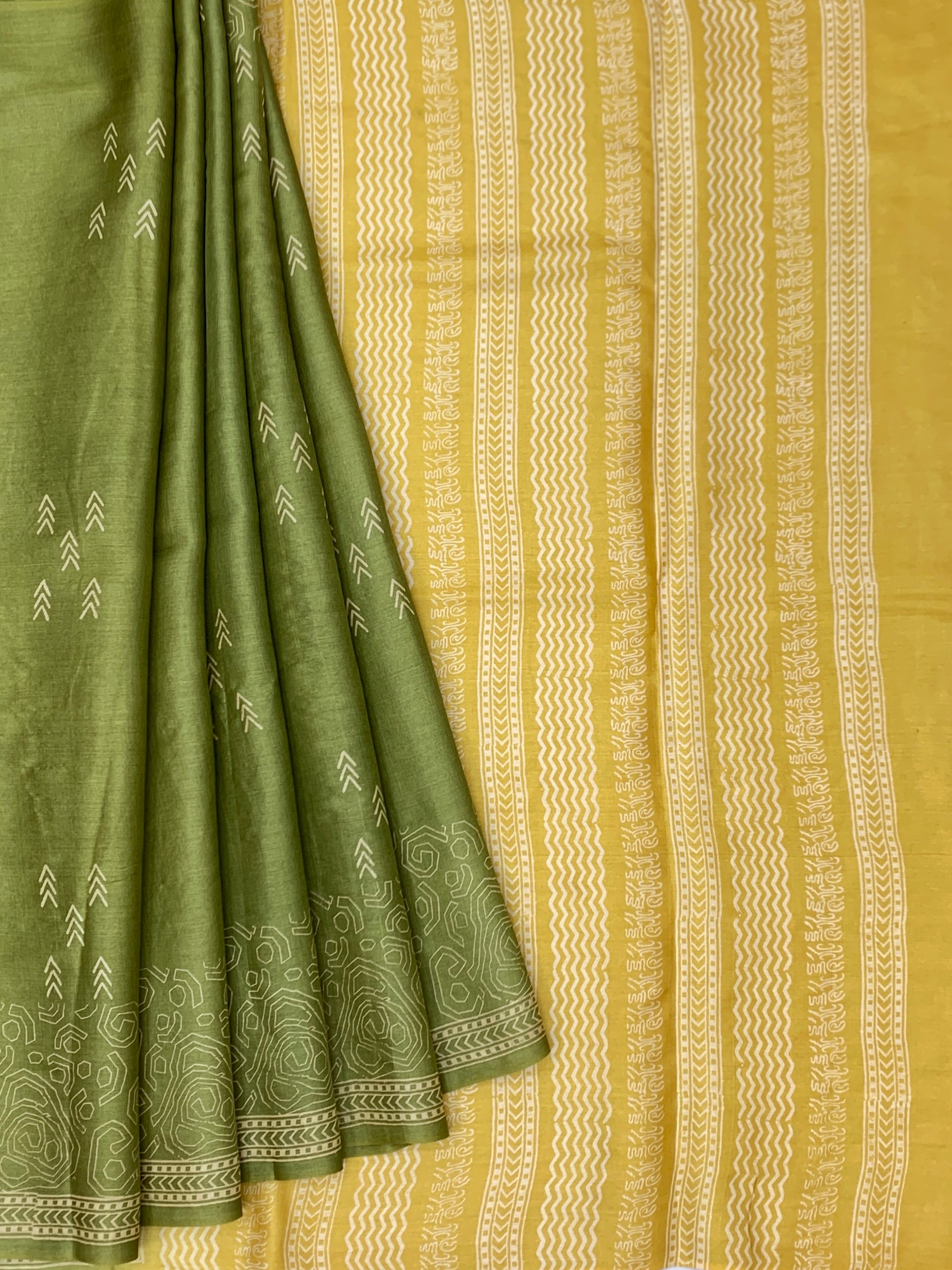 Olive Green & Warm Mustard Printed Tussore Saree
