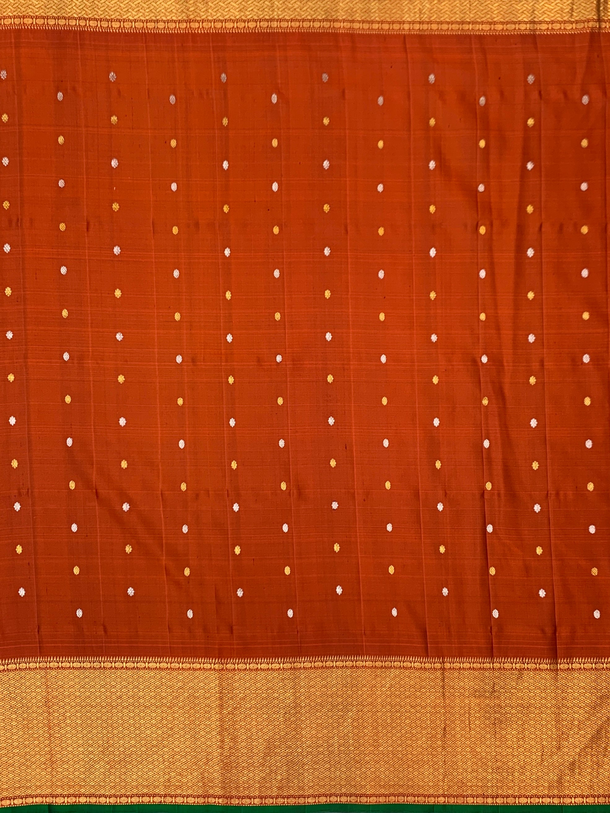 Exquisite Emerald Green & Rust Orange Gadwal Twill Pattu Saree