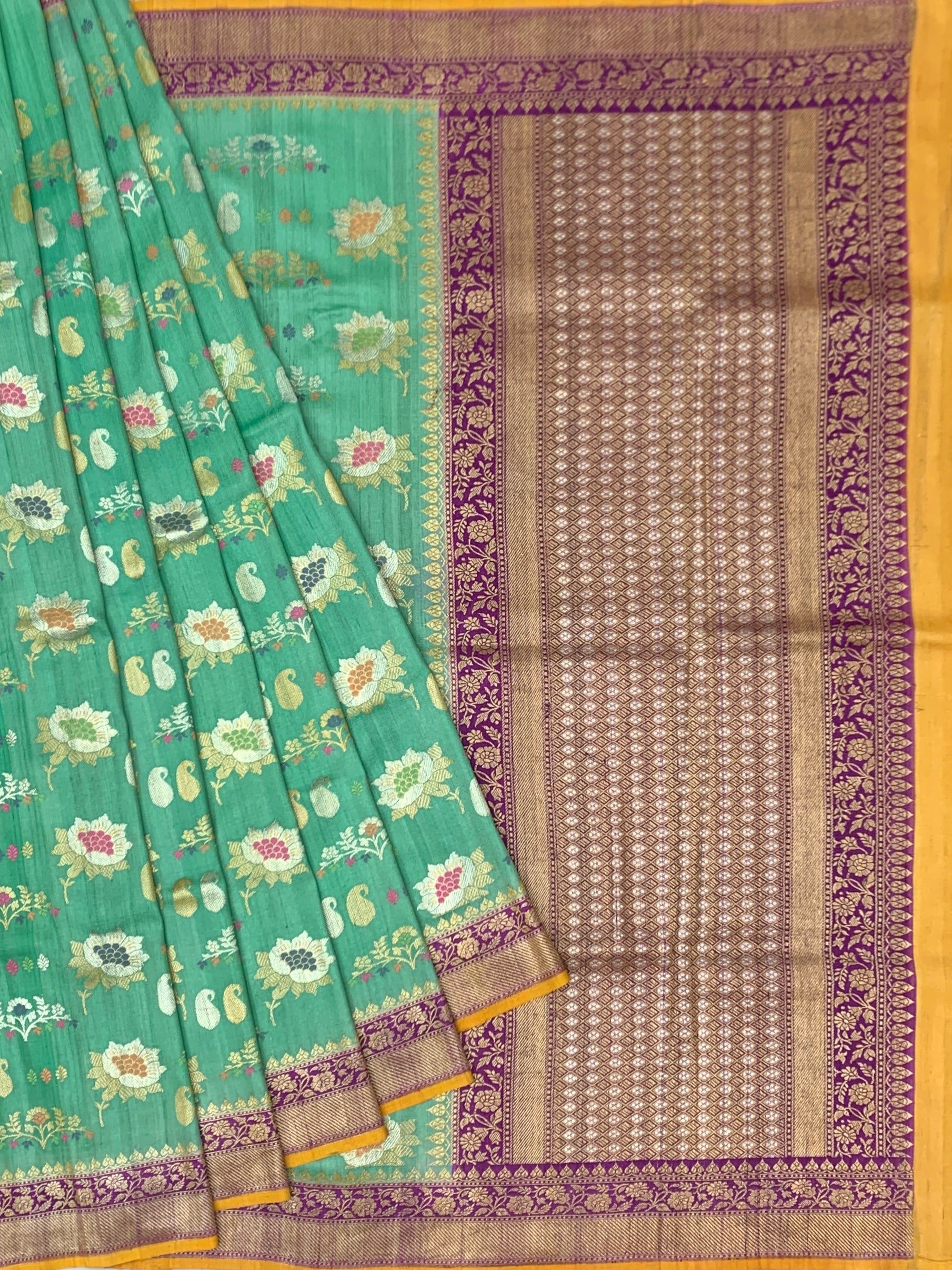 Vibrant Sea-Green Tussore Georgette Saree with Meenakari Motifs and Mustard Blouse