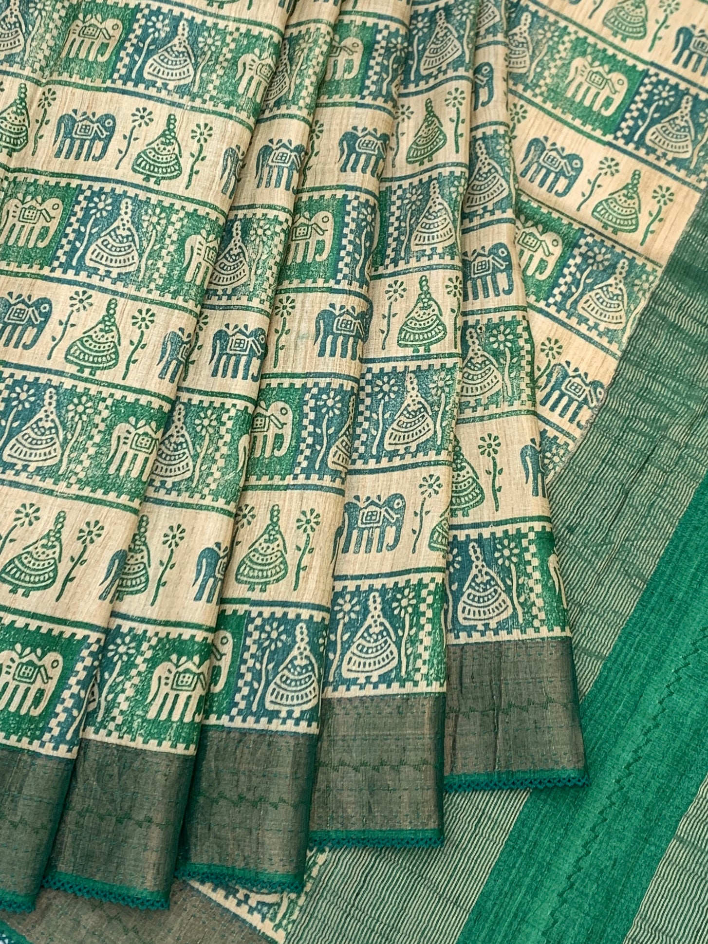 Emerald Heritage: Folk-Art Inspired Printed Tussore Saree