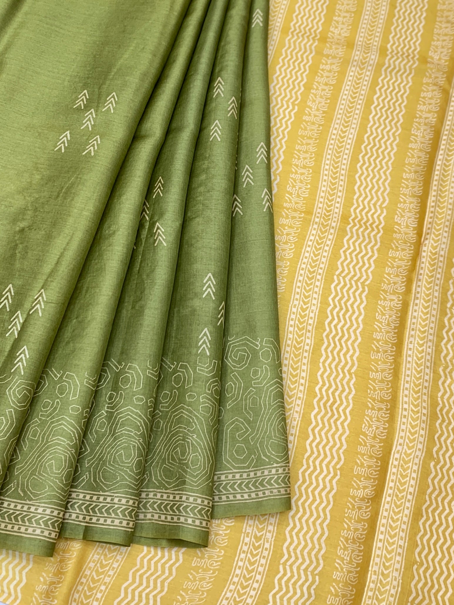 Olive Green & Warm Mustard Printed Tussore Saree