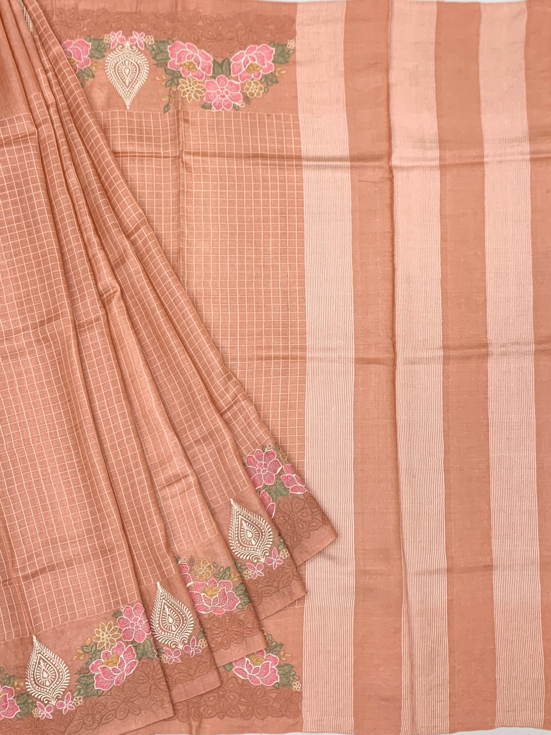 Warm Peach Tussore Silk Saree with Woven Checks & Floral Embroidery