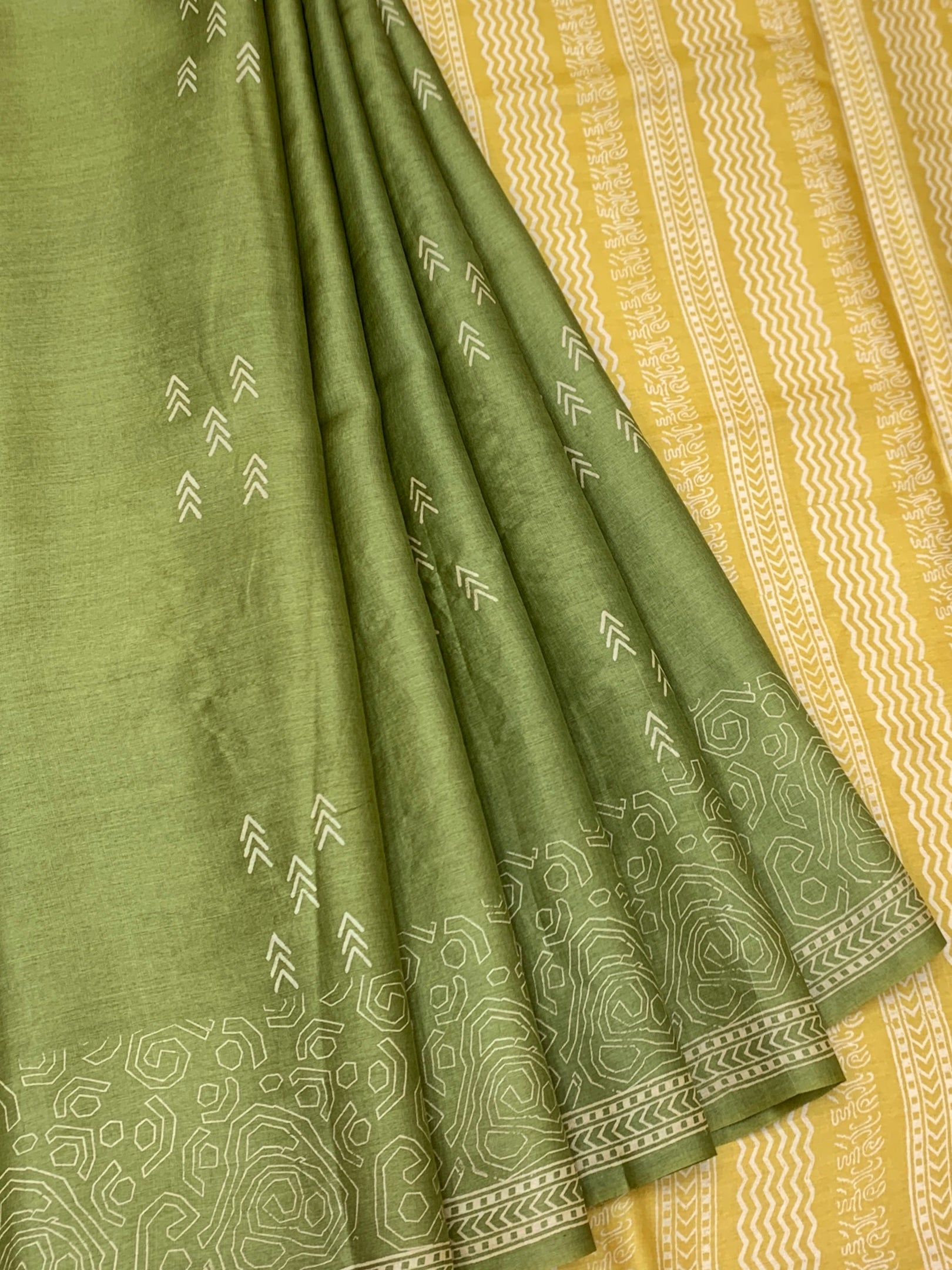 Olive Green & Warm Mustard Printed Tussore Saree