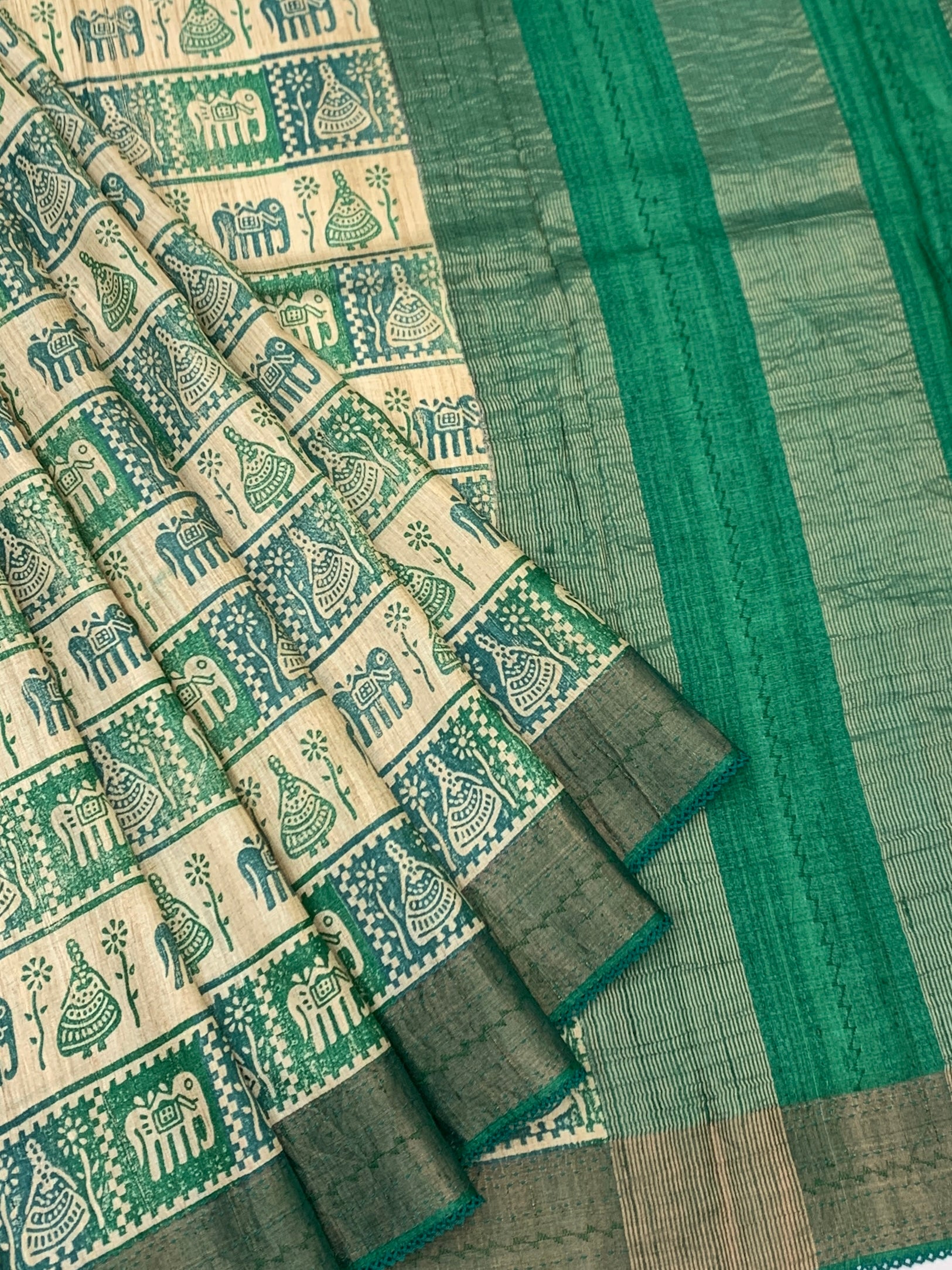 Emerald Heritage: Folk-Art Inspired Printed Tussore Saree