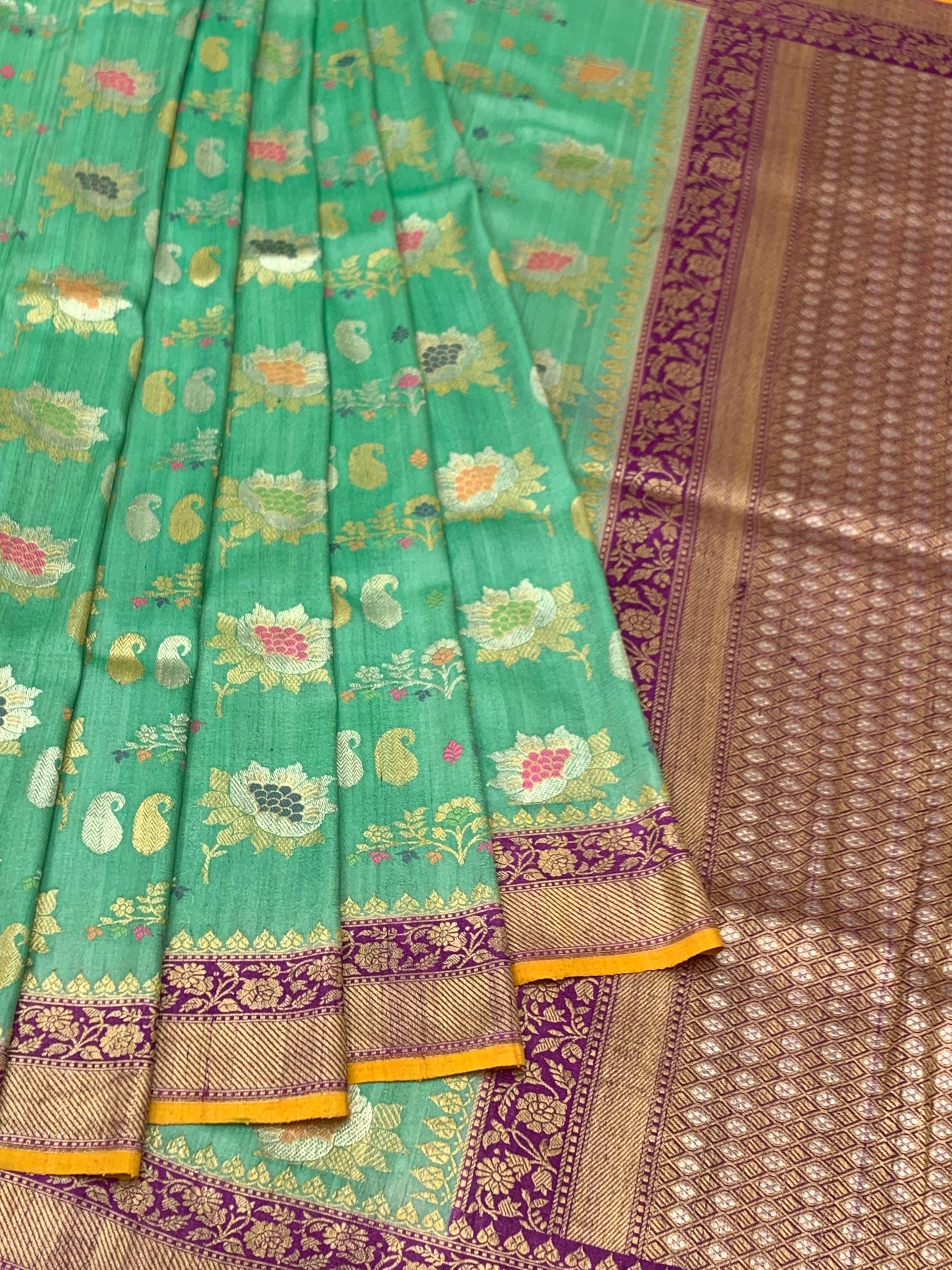 Vibrant Sea-Green Tussore Georgette Saree with Meenakari Motifs and Mustard Blouse