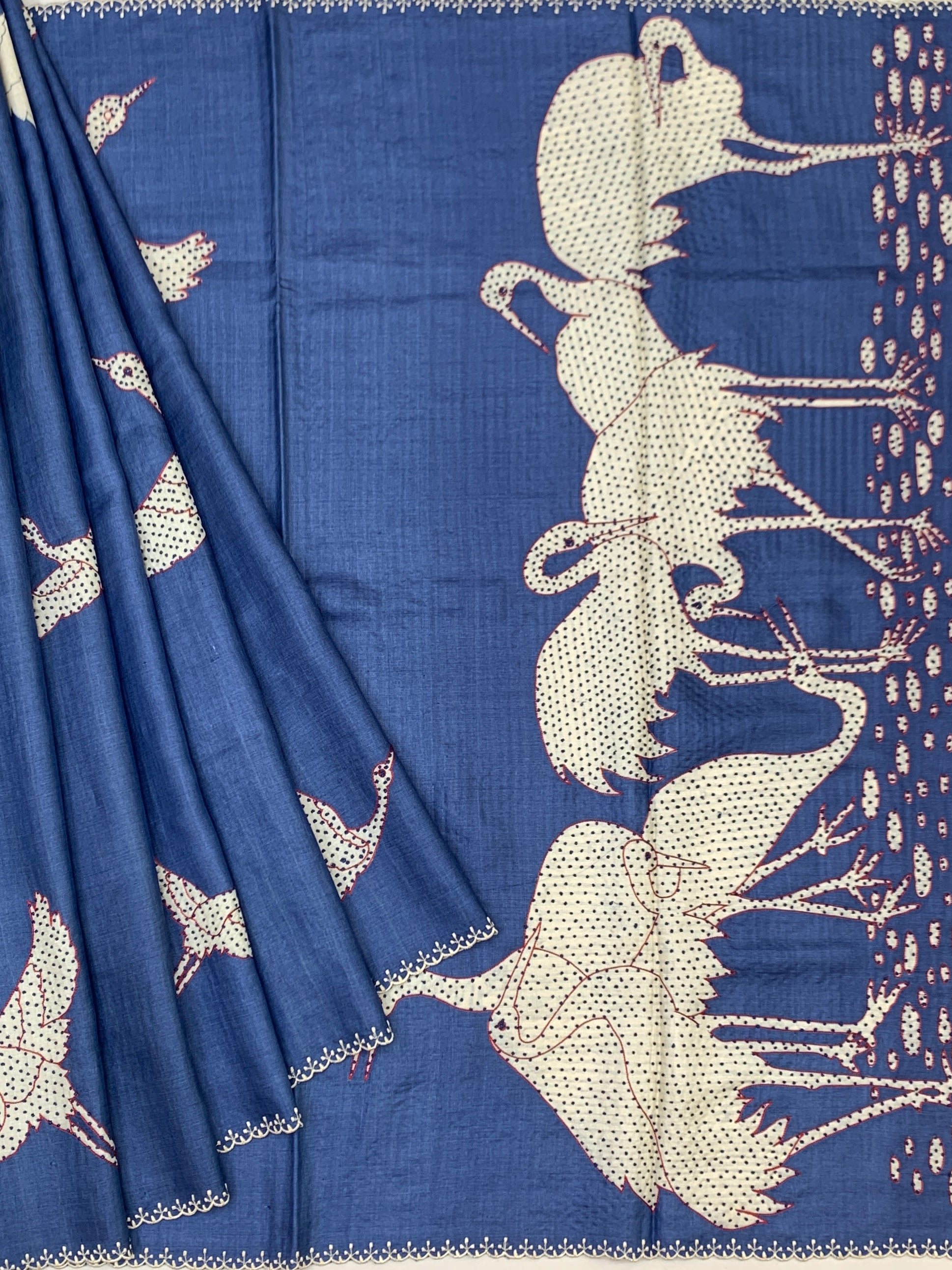 Indigo Serenade: Crane Motif Hand-Embroidered Tussar Silk Saree