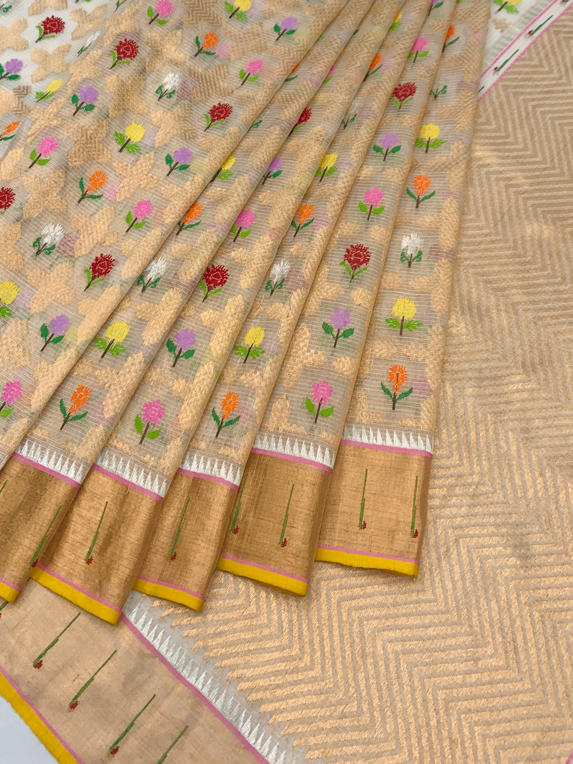 Floral Tissue Zari Kota Saree with Chevron Pallu