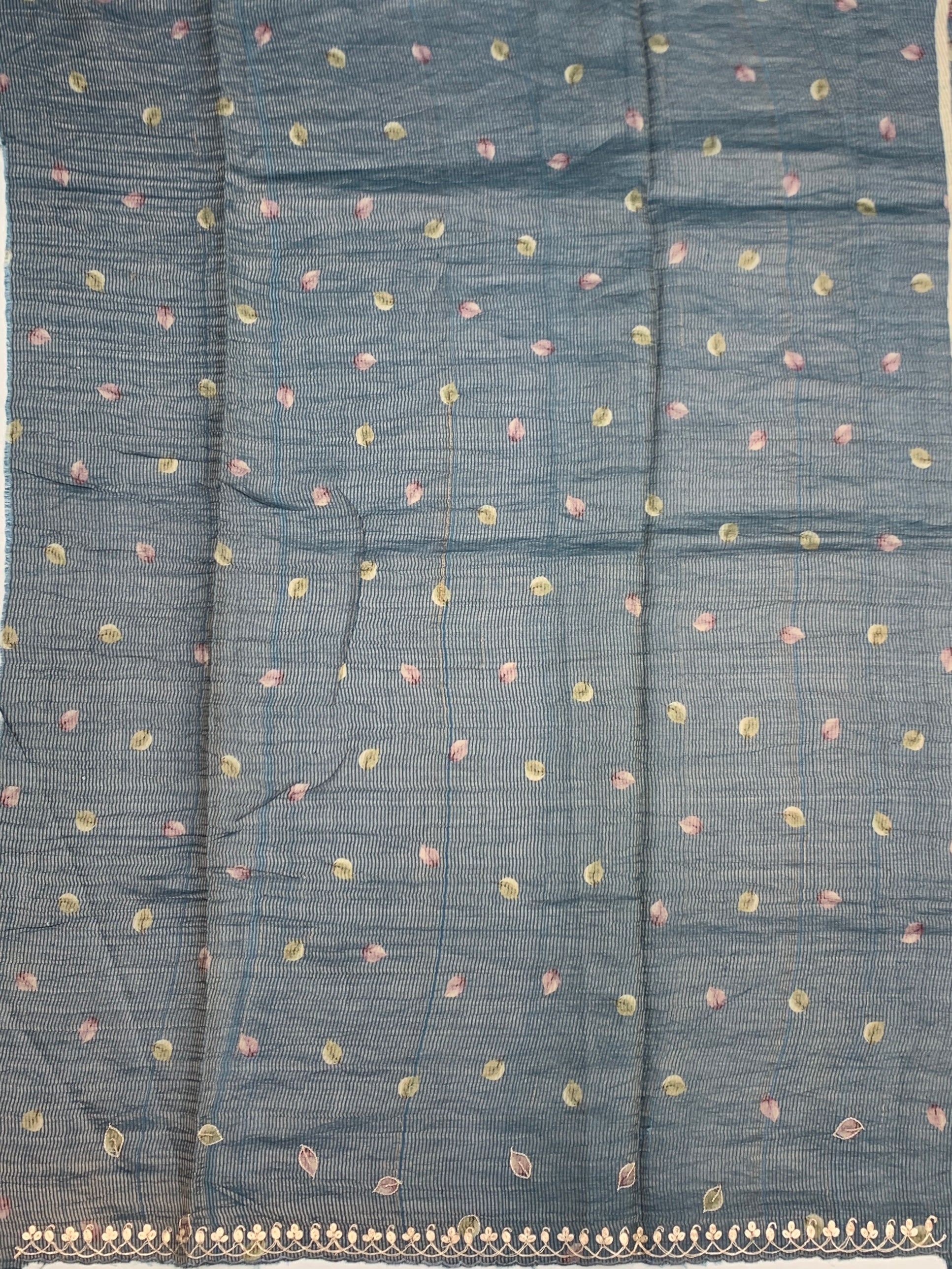 Dusty Teal Blue Tussore Silk Saree with Pastel Florals & Scalloped Cutwork