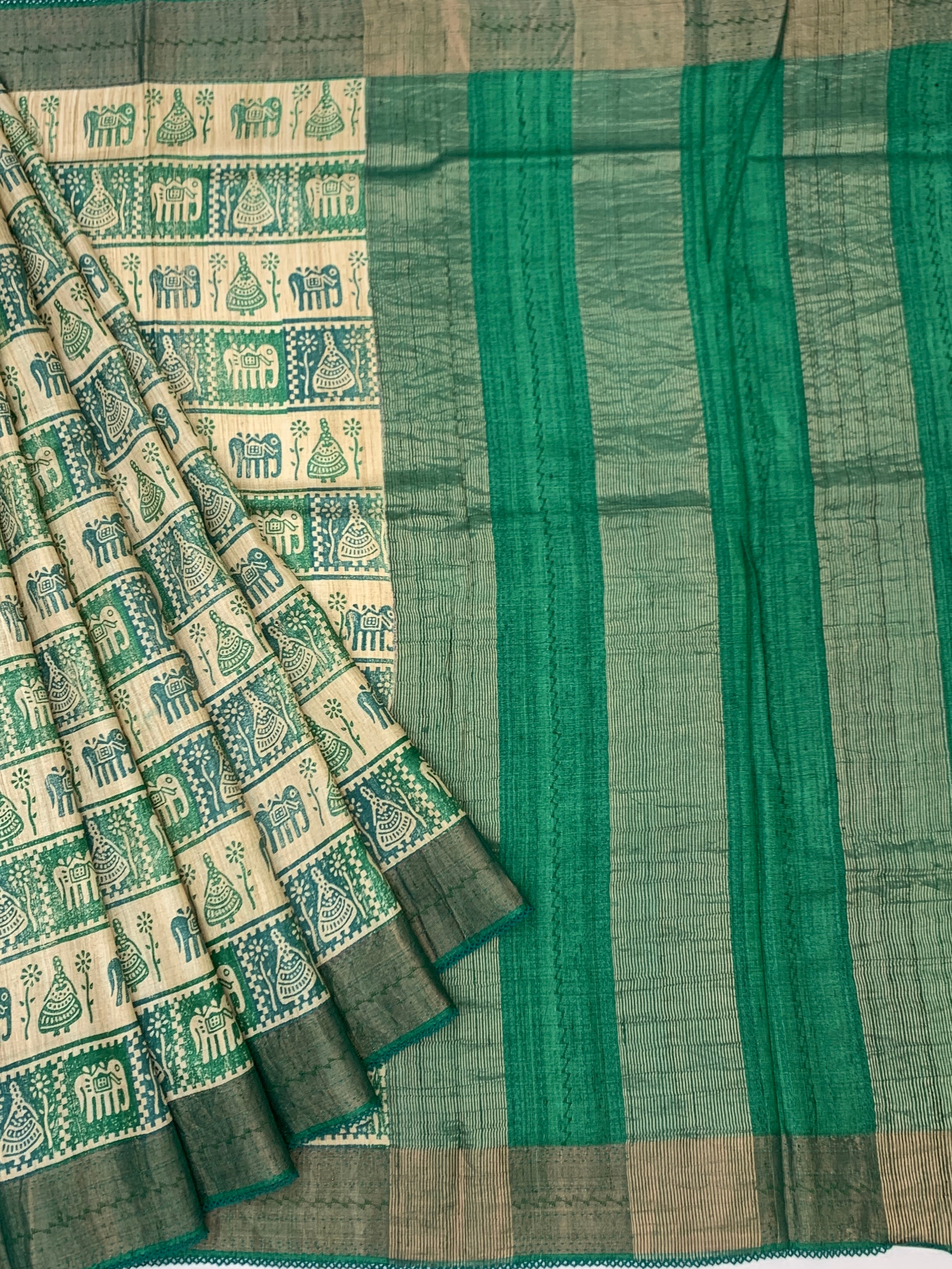 Emerald Heritage: Folk-Art Inspired Printed Tussore Saree