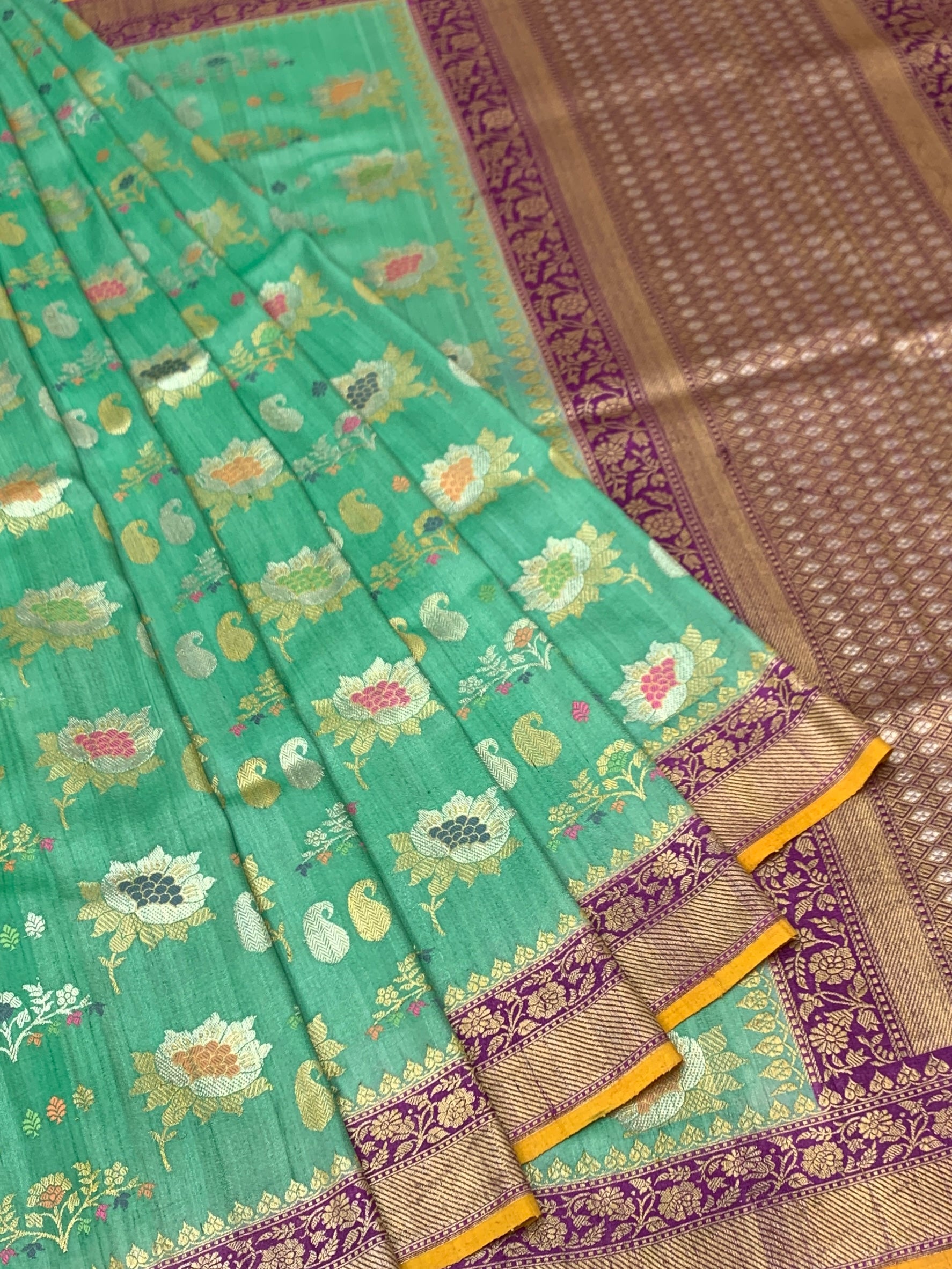 Vibrant Sea-Green Tussore Georgette Saree with Meenakari Motifs and Mustard Blouse