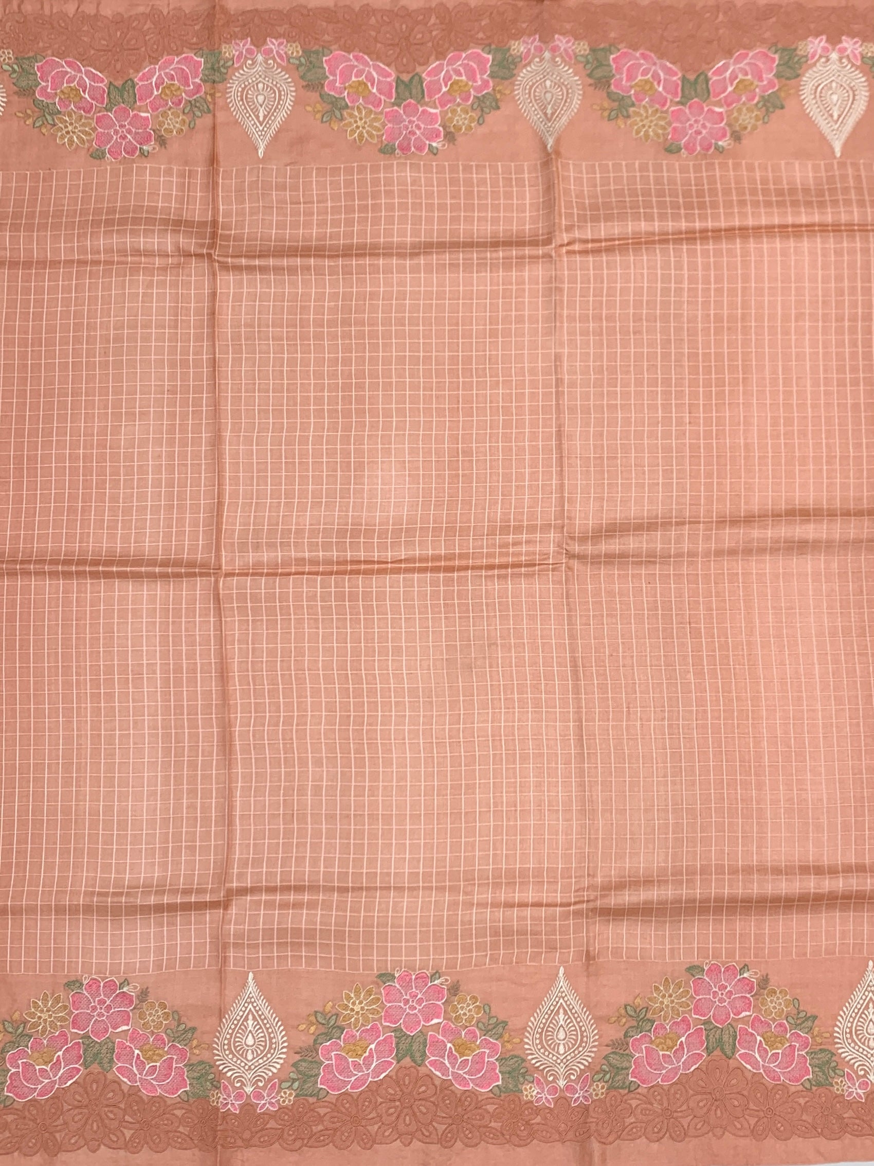 Warm Peach Tussore Silk Saree with Woven Checks & Floral Embroidery