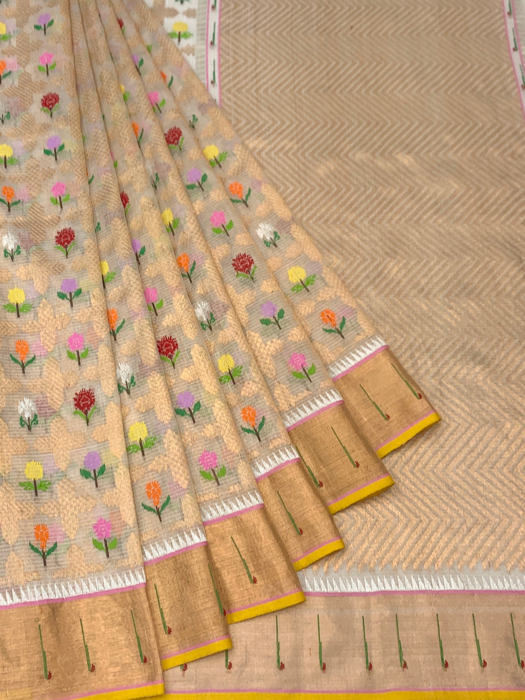 Floral Tissue Zari Kota Saree with Chevron Pallu