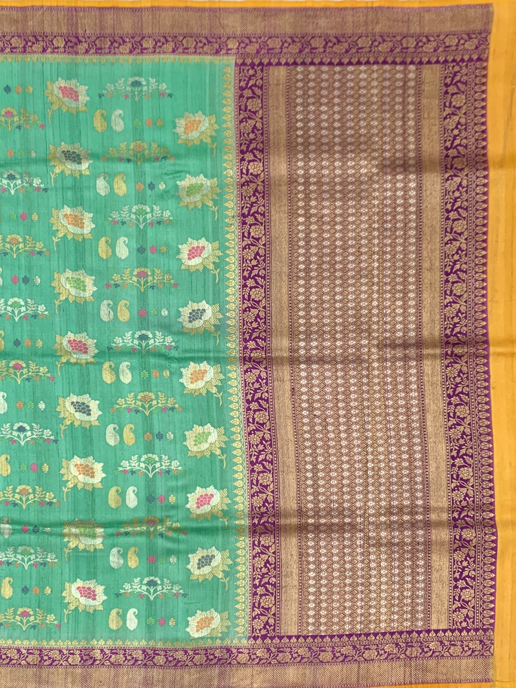Vibrant Sea-Green Tussore Georgette Saree with Meenakari Motifs and Mustard Blouse