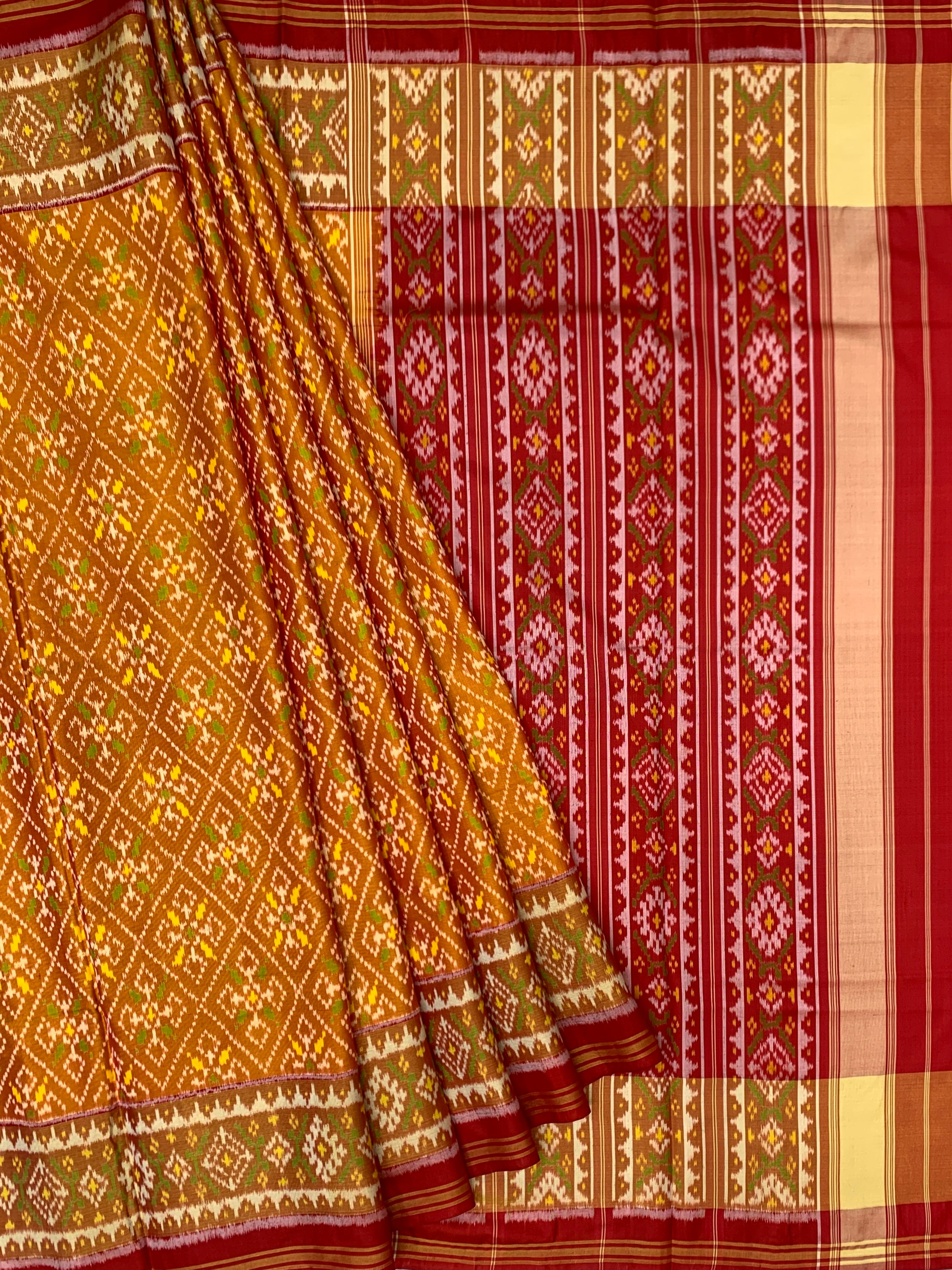 Mustard Yellow & Crimson Red Rajkot Patola Silk Saree