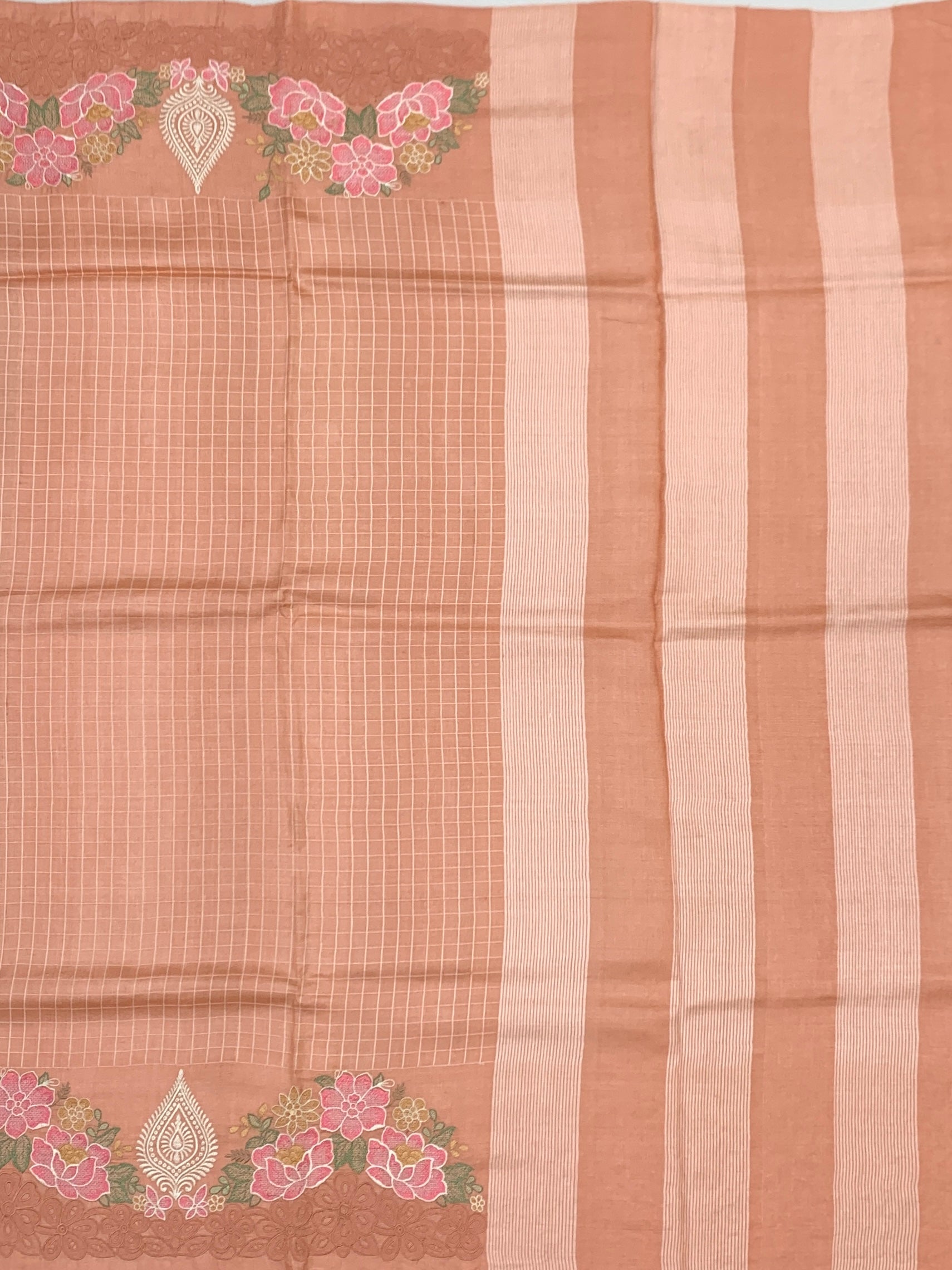 Warm Peach Tussore Silk Saree with Woven Checks & Floral Embroidery