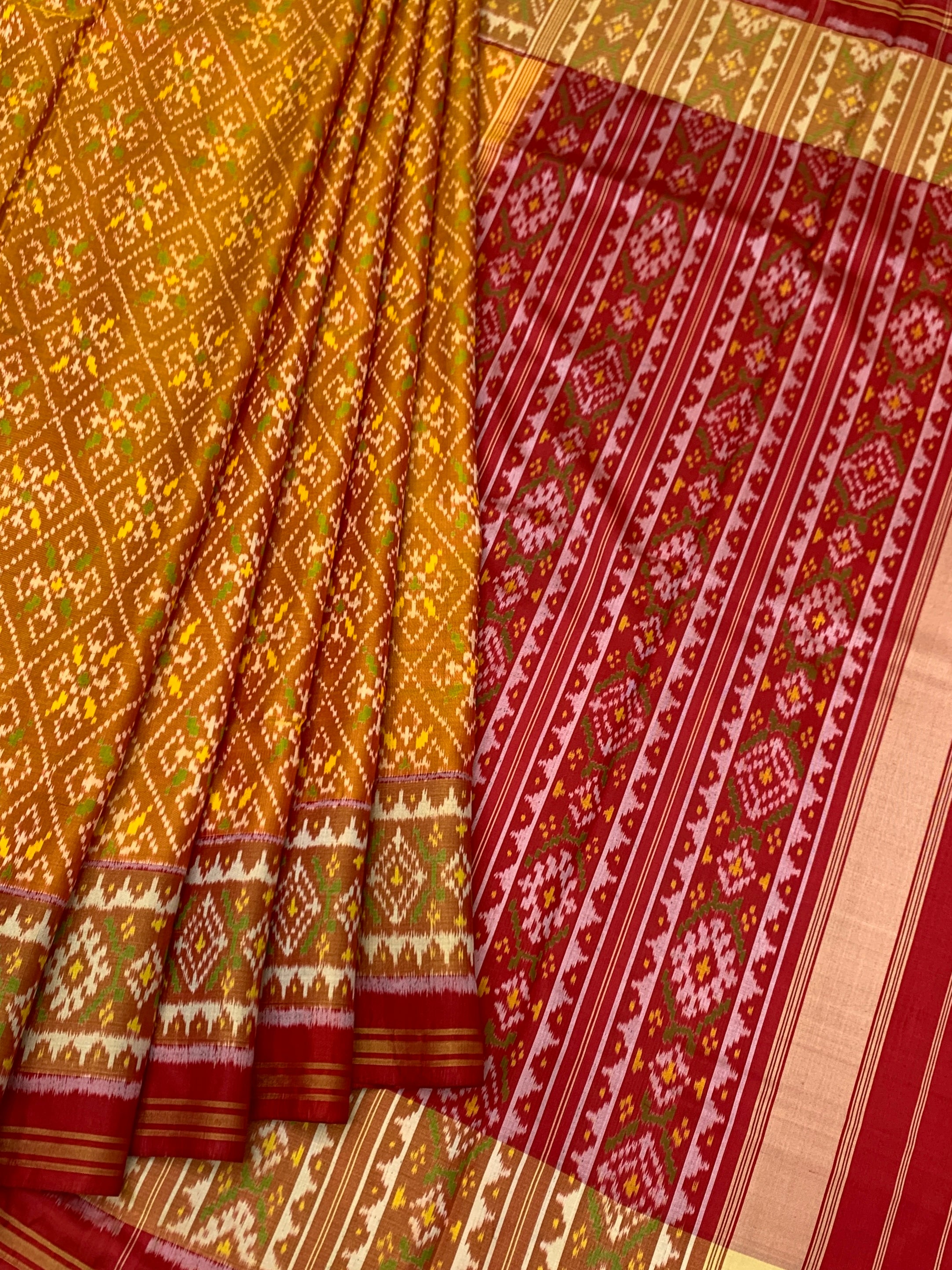 Mustard Yellow & Crimson Red Rajkot Patola Silk Saree