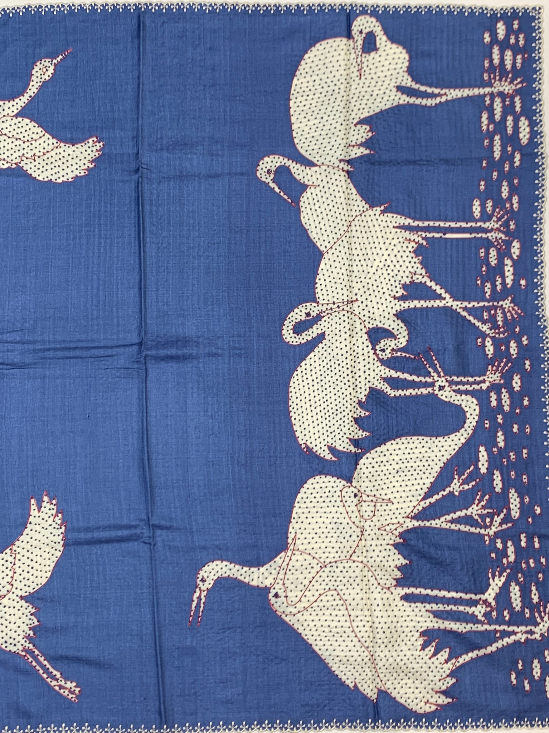 Indigo Serenade: Crane Motif Hand-Embroidered Tussar Silk Saree