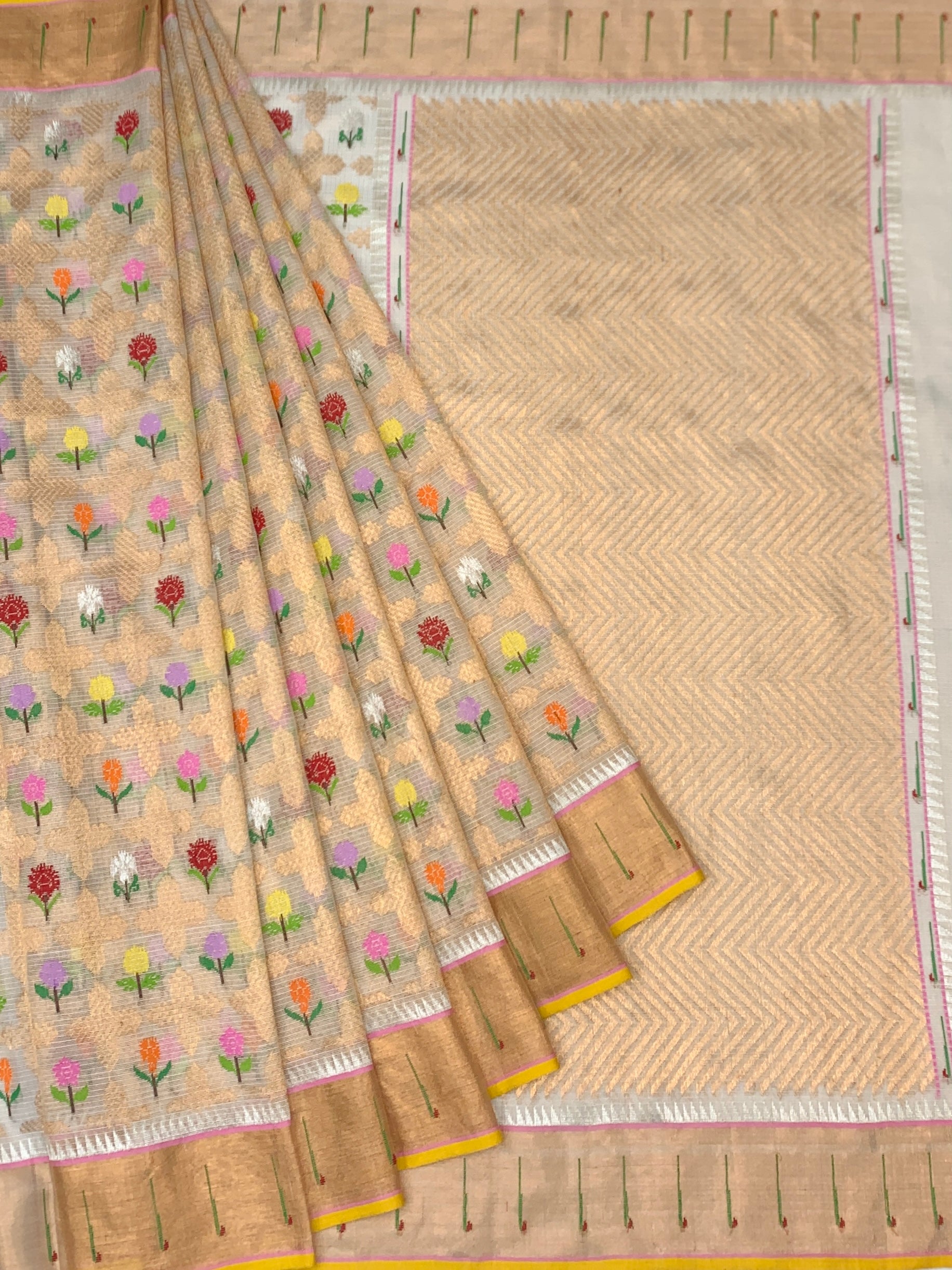 Floral Tissue Zari Kota Saree with Chevron Pallu