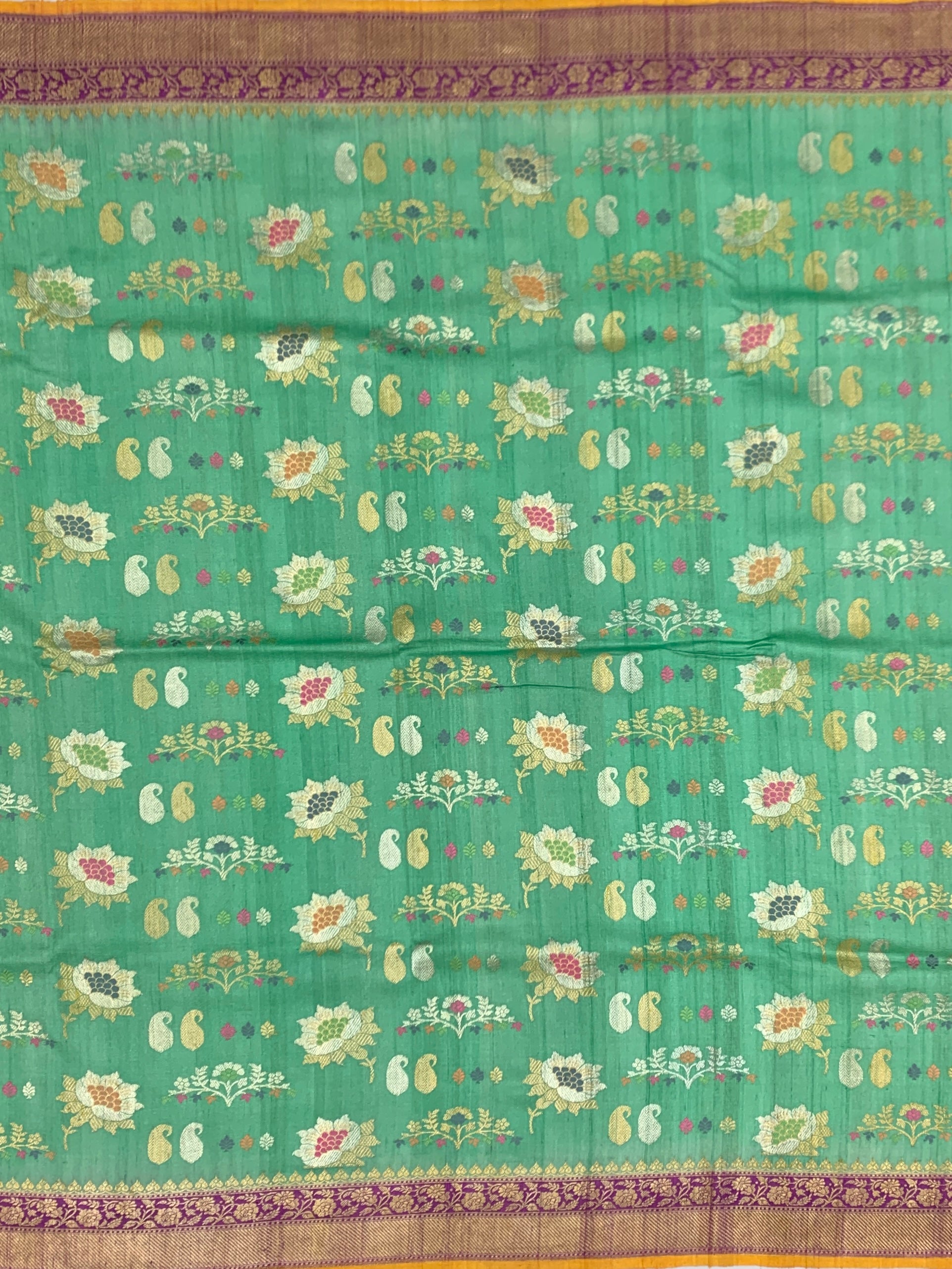 Vibrant Sea-Green Tussore Georgette Saree with Meenakari Motifs and Mustard Blouse