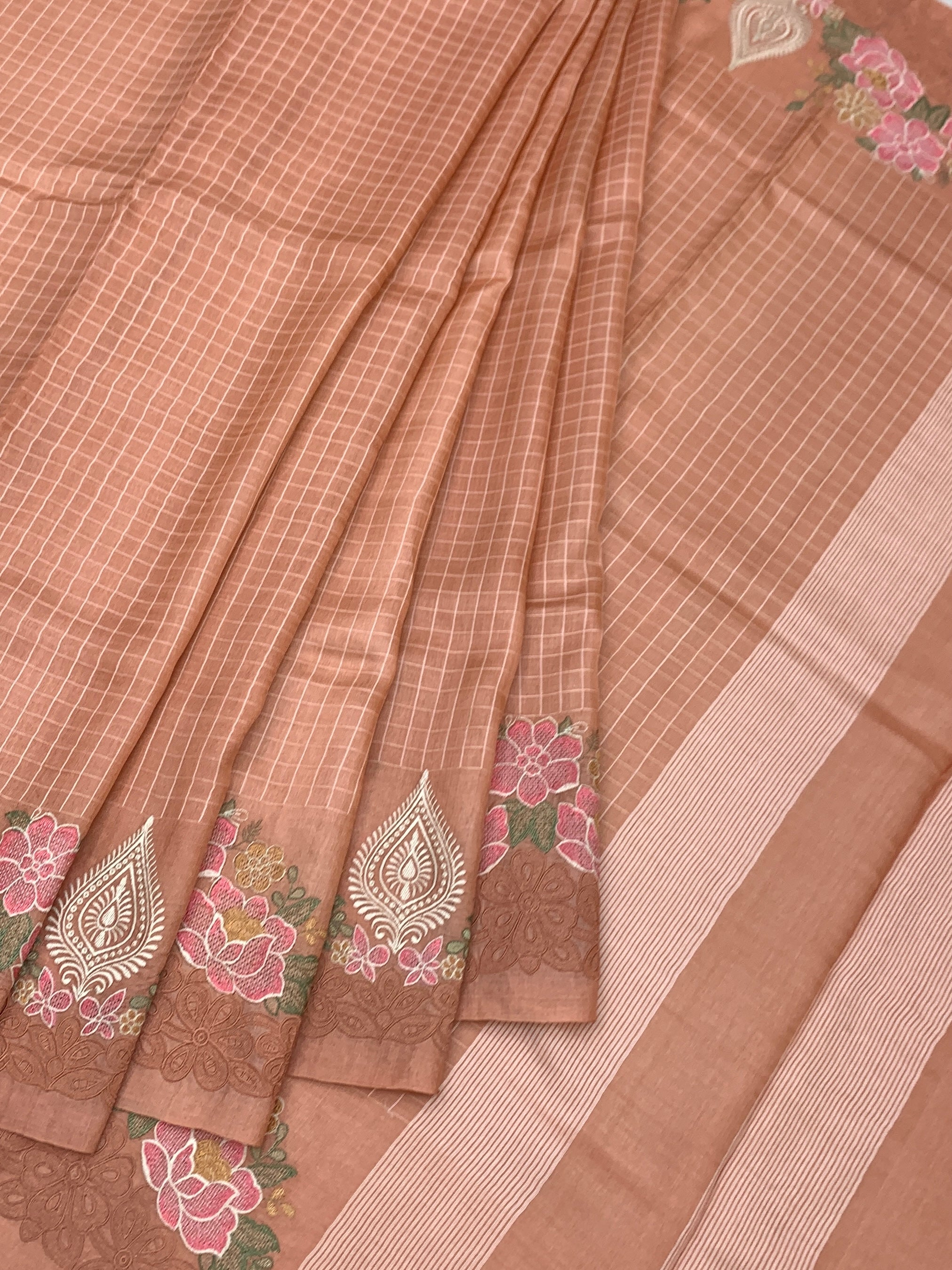 Warm Peach Tussore Silk Saree with Woven Checks & Floral Embroidery