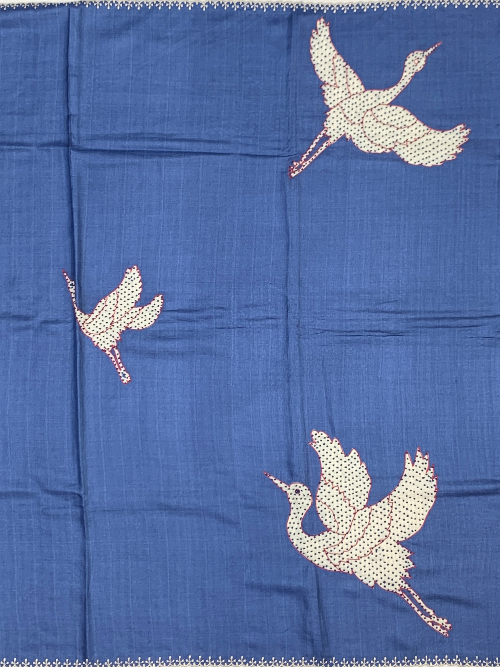 Indigo Serenade: Crane Motif Hand-Embroidered Tussar Silk Saree